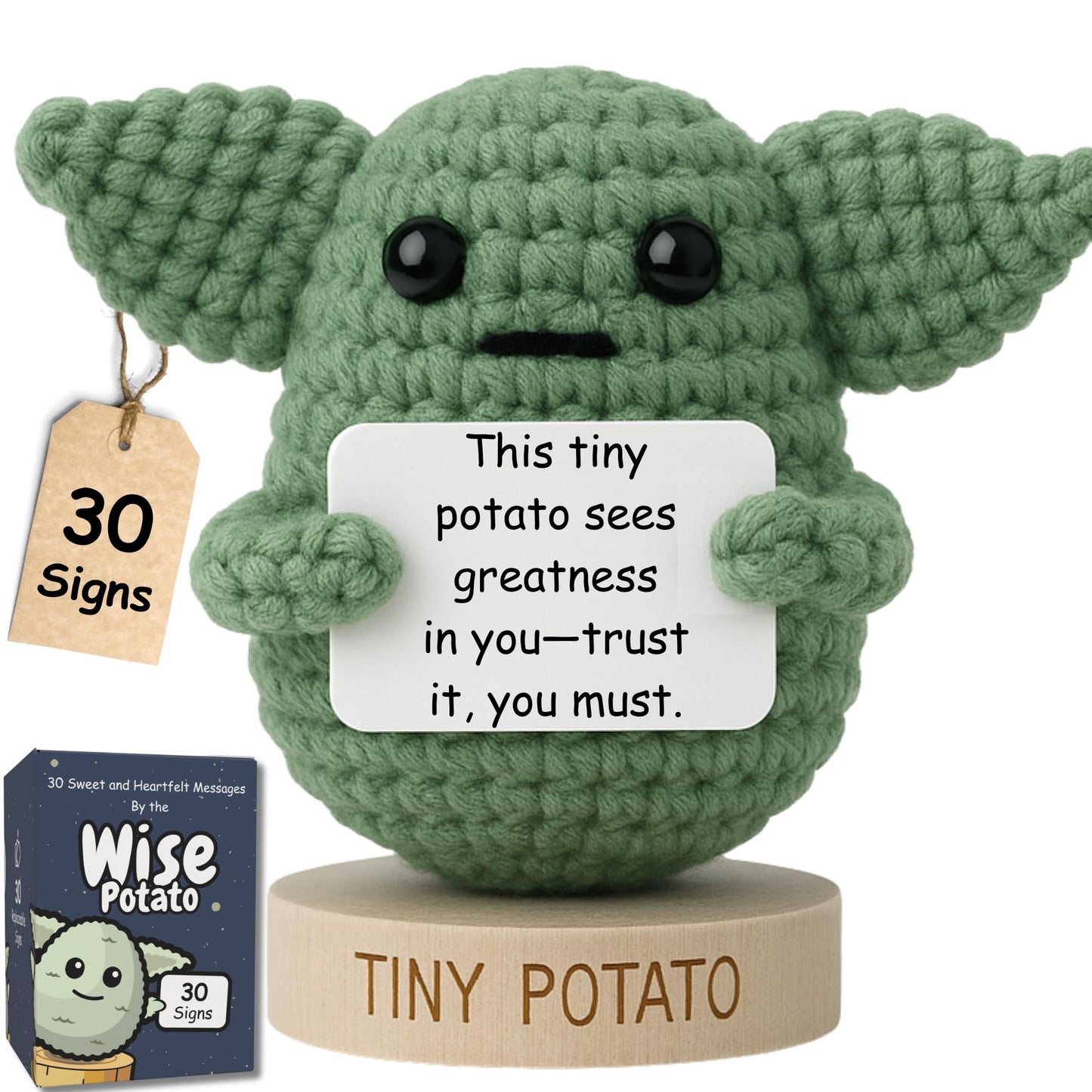 Star Wars Gifts | Handmade Baby Yoda Positive Crochet W/ 30 Fun Affirmations | Small Birthday Gift for Women | Starwars Present Idea for Friends, Coworker, Dad, Men, Brother | Funny Star Wars Figurine