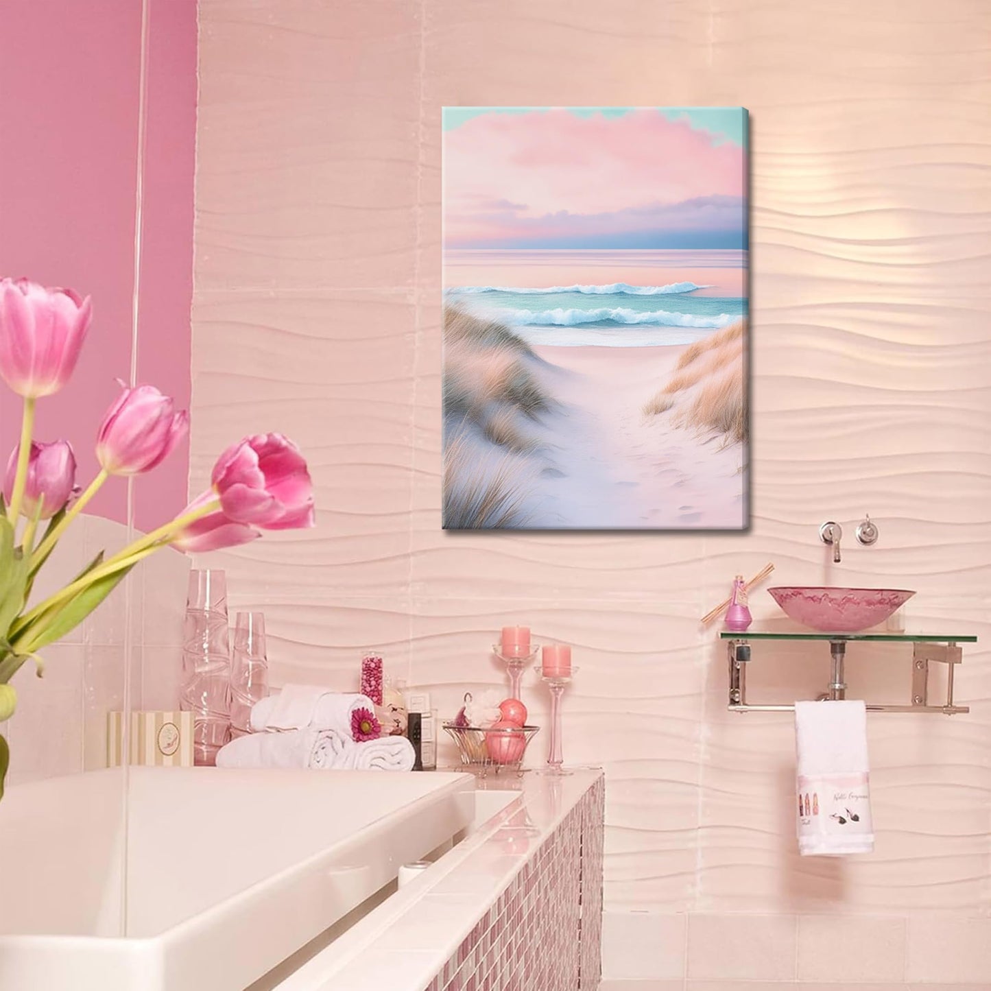 Preppy Coastal Canvas Wall Art Set of 3, Trendy Pink Beach Wall Decor Paintings, Summer Beachy Shells Oyster Aesthetic Posters Prints Pictures for Girls Room Dorm Bathroom Bedroom 16x24 Inch Framed