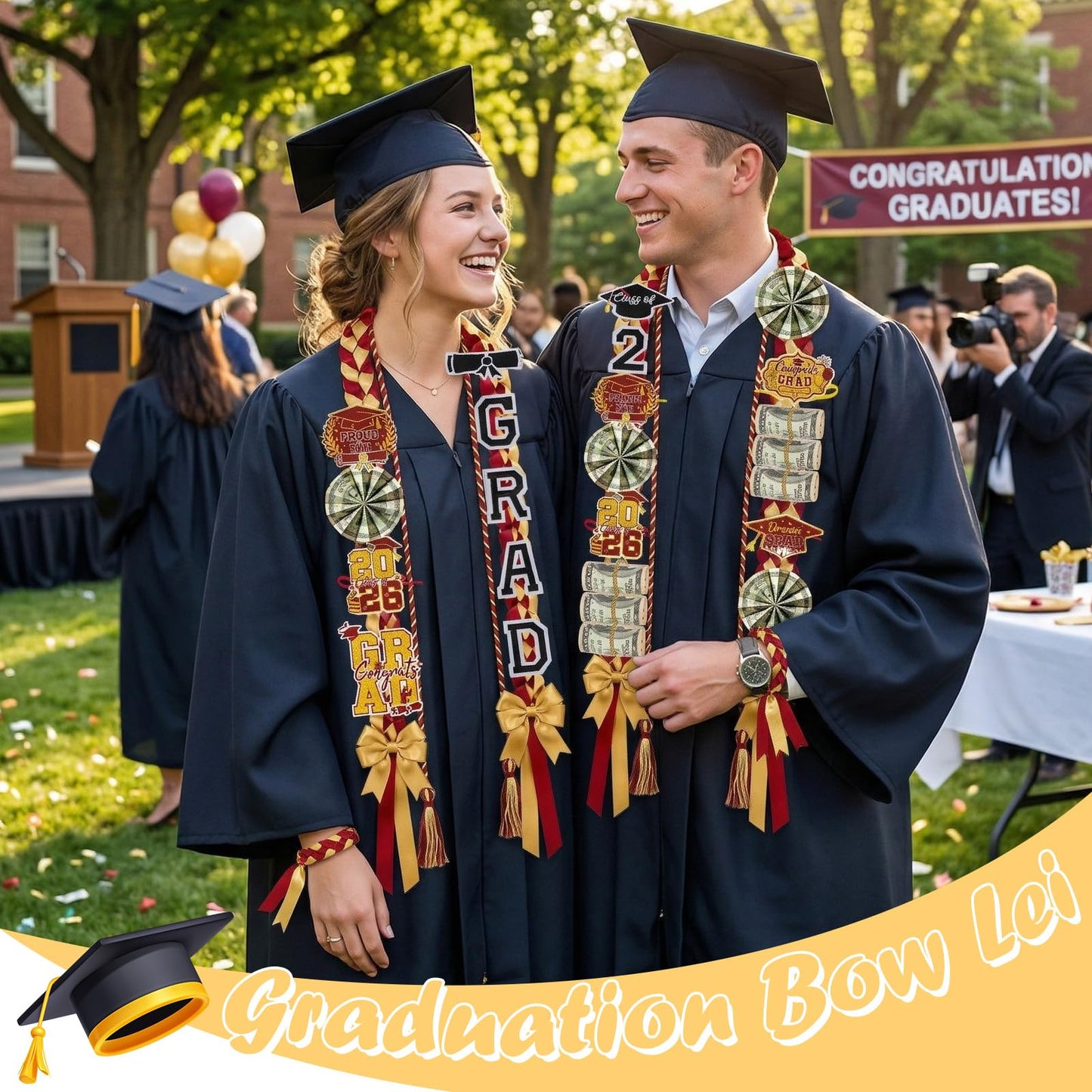 Hamdwerk Candy Leis for Graduation 2026, 36Pcs Graduation Leis Class of 2026, Graduate Ribbon Lei Making Kits with Honor Cord Patches Cards, Red Gold Double Lei Necklace Decorations Graduation Gift