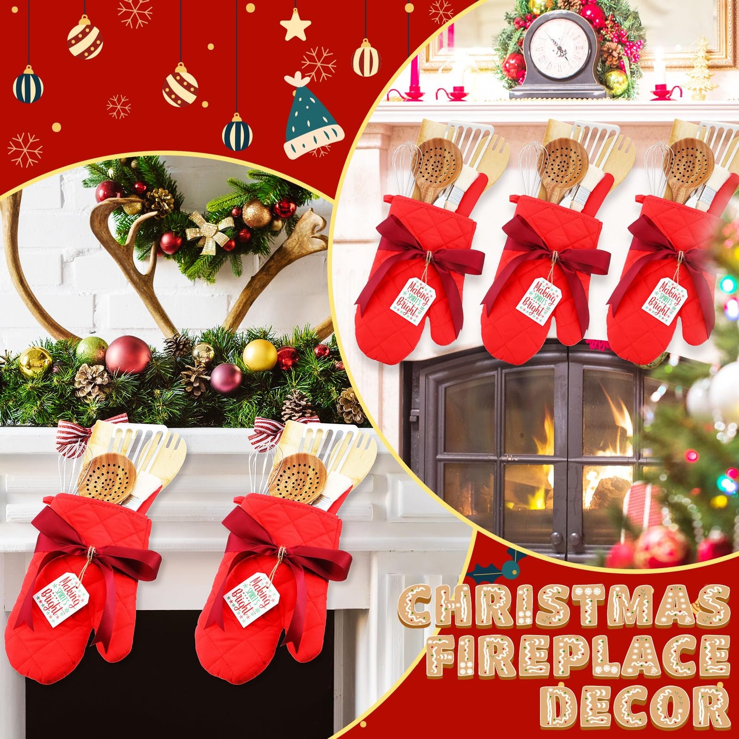 Roshtia 9 Pcs Christmas Kitchen Gift Set Christmas Red Oven Mitts Xmas Supplies with Scrapers Whisks Spatulas Colanders for Xmas Party Decor Friends Family Baking Lover Presents