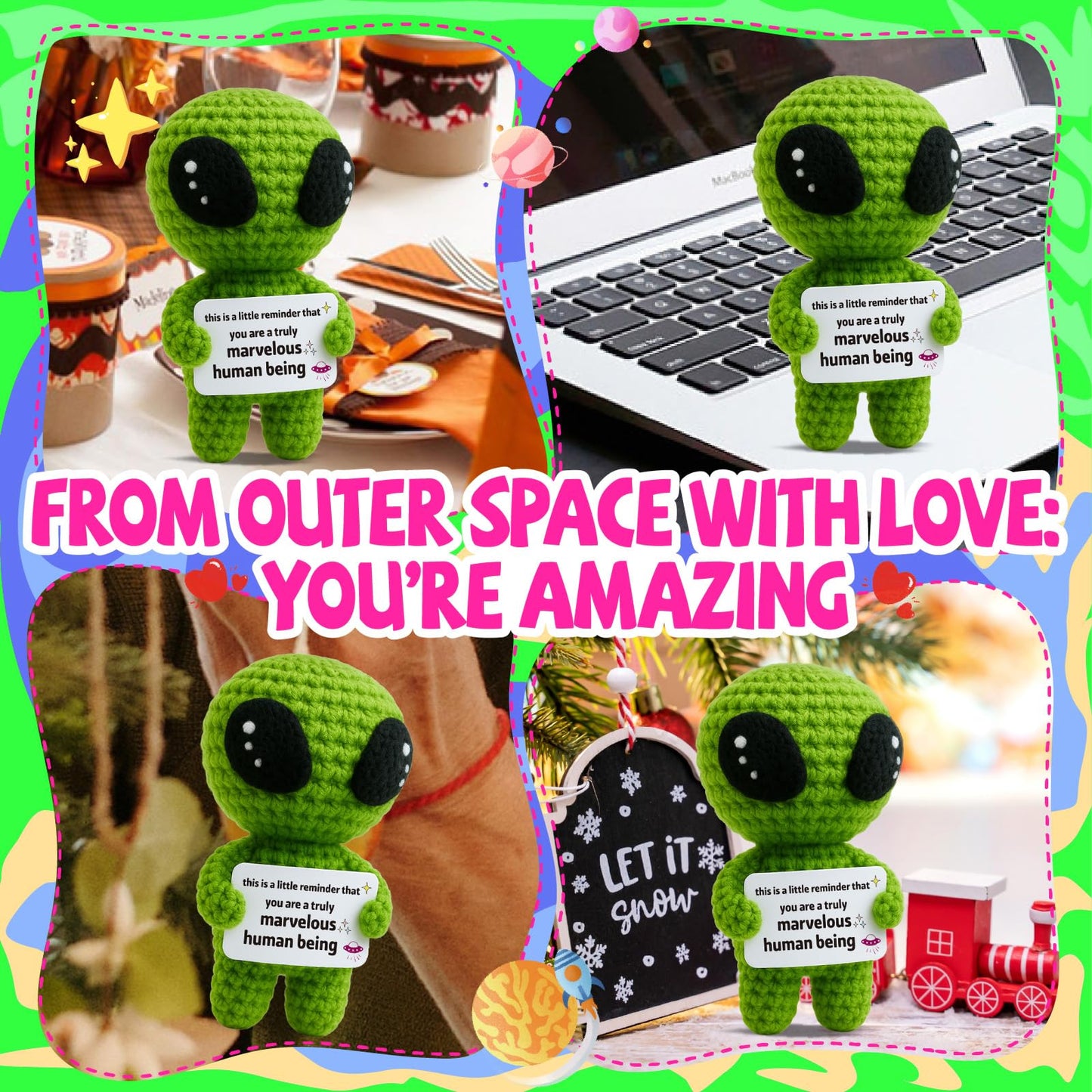 Galentines Day Positive Appreciation Gifts for Women Men Friends - Valentine's Emotional Positive Support Funny Gag Crochet Alien Plush Pickle Birthday for Her Him Stuffers Offcie Decoration