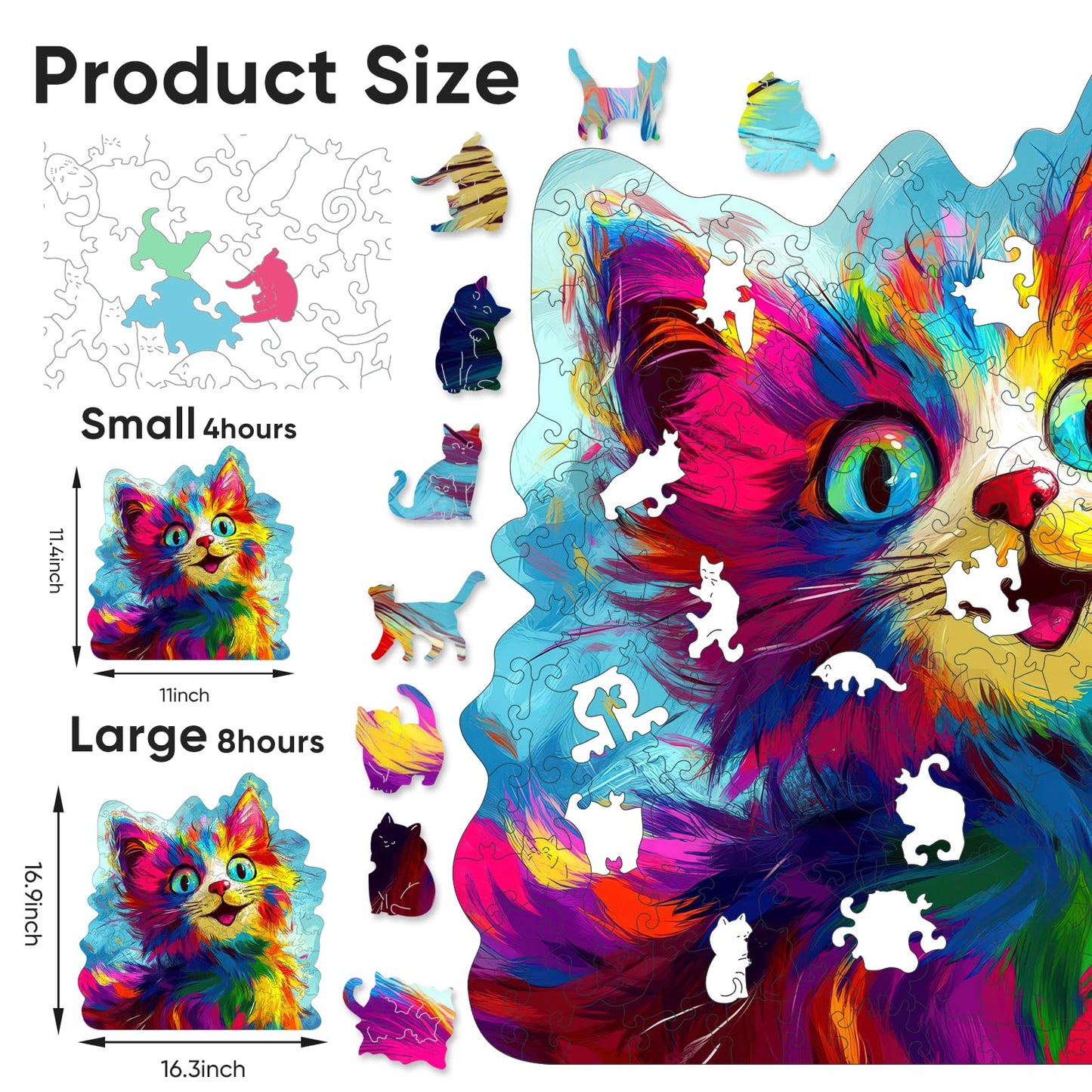 Bovearto 200 Piece Wooden Jigsaw Puzzles for Adults, Cat Puzzles with Unique Animal Shapes, Brain Teaser for Kids Ages 8+, Comes with Storage Box & Puzzle Gift Box, Bold Color Art (11" x 11.4")