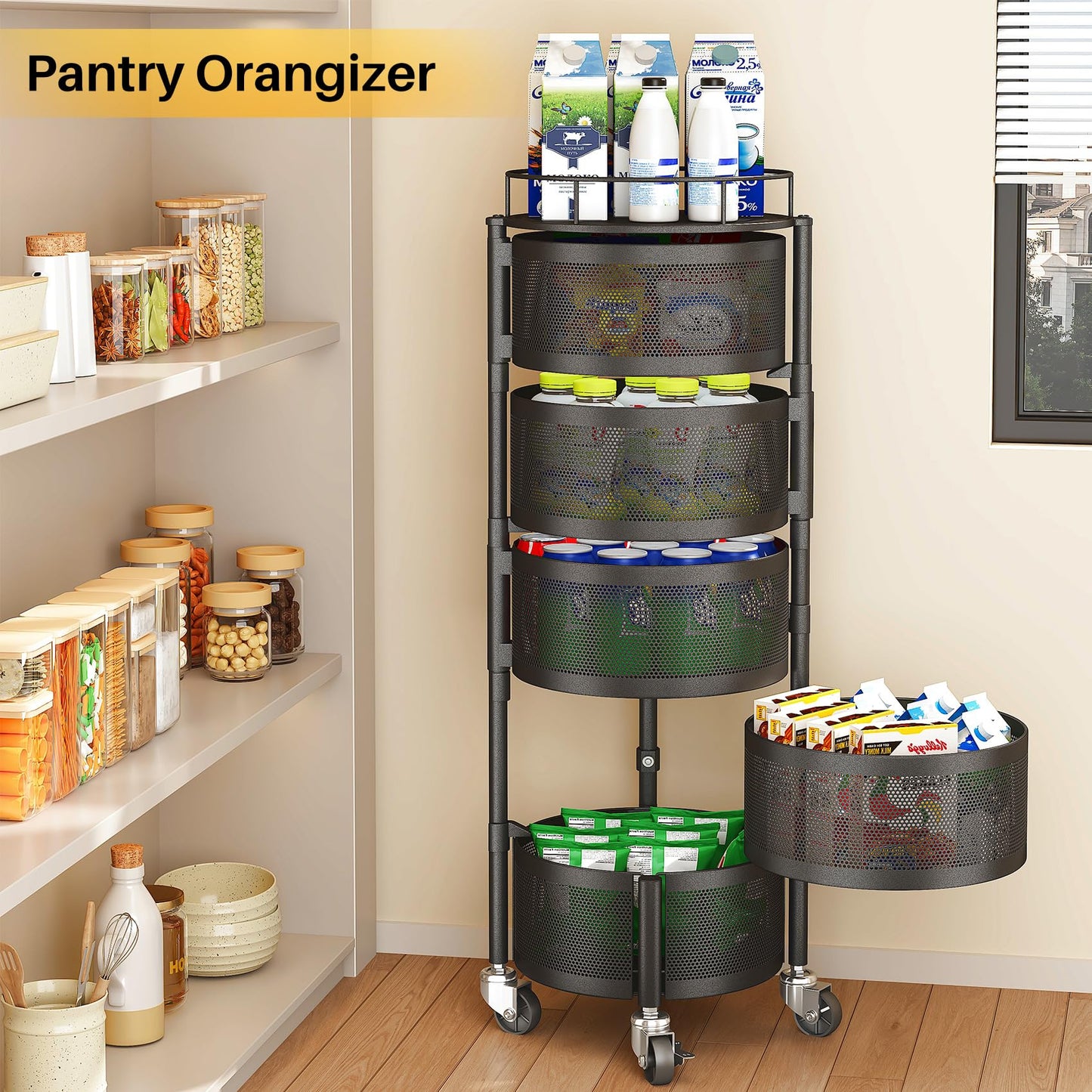 SNTD Fruit and Vegetable Basket Bowls for Kitchen with Metal Top Lid, 5 Tier Rotating Storage Rack Cart for Potato Onion Bread Banana, Wire Basket Organizer on Wheels, Large, Black