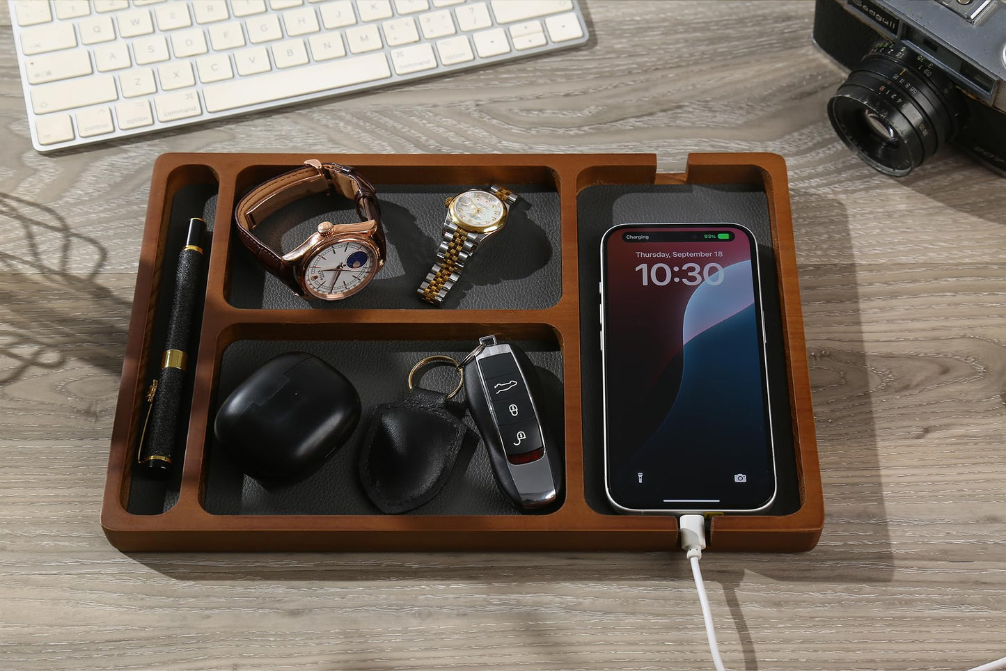 Shinpuru Wooden Valet Tray for Men, Nightstand Organizer with Leather Inlay, EDC Essentials Catchall Tray for Keys, Phone, Wallet, Watch, Earbuds - Bedside Desk Entryway Tray (Wood-Pen)