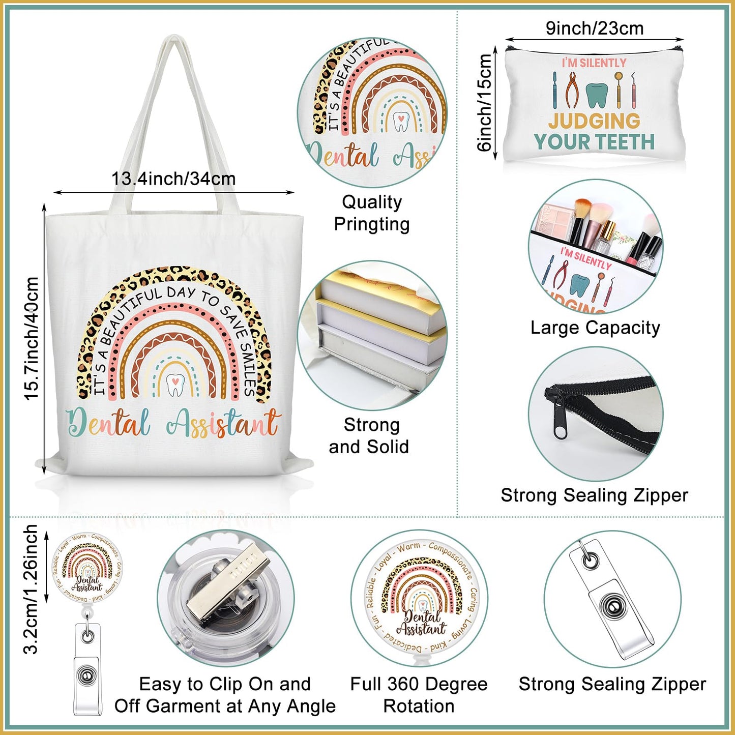 Dingion 5 Pcs Dental Assistant Gifts Set for Women Include 16 oz Glass Cup Tote Bag Cosmetic Bag Badge Holder Socks Appreciation Gifts for Dentist Dental Assistant Hygienist Accessories