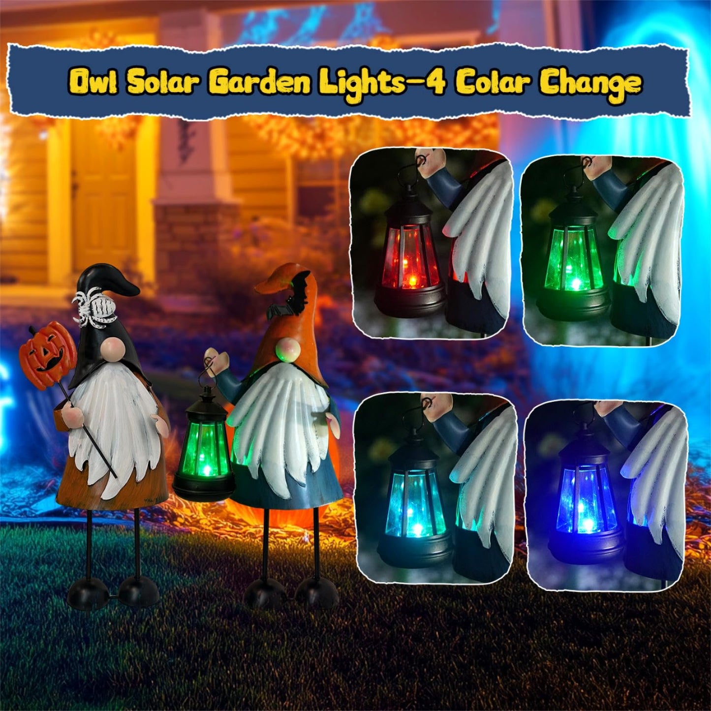 HONGLAND Halloween Decorations Outdoor Solar Gnomes with LED Lantern, Gnomes Metal Yard Art Halloween Outdoor Decor Patio Holiday Gardening Gifts for Mom Women