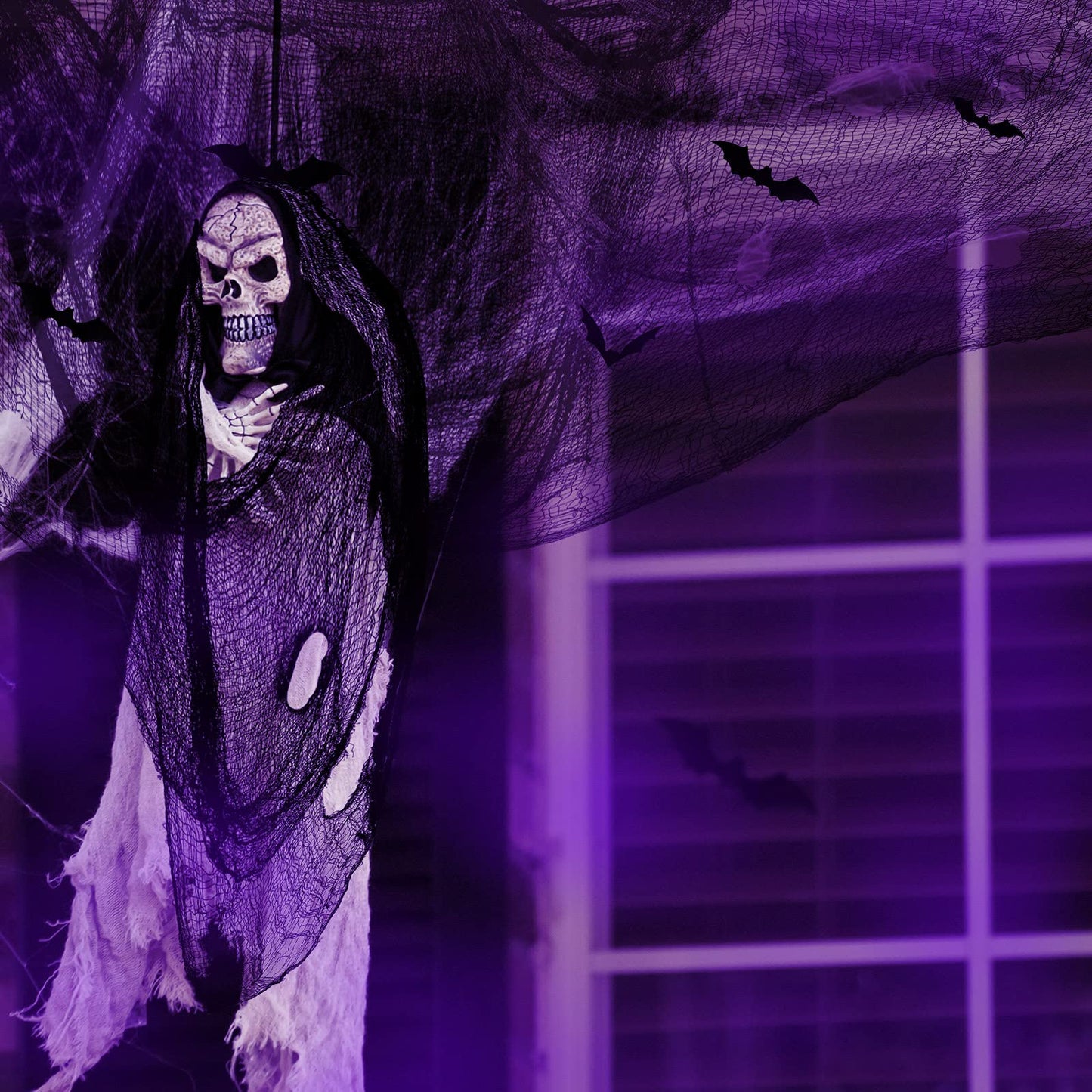 Tegeme 4 Pieces Halloween Black Creepy Cloth 30x72 Inch Spooky Scary Cheesecloth Freaky Polyester Gauze Cloth with 60 Pieces 3D Bat Sticker for Halloween Party Outdoor Yard Wall Decoration