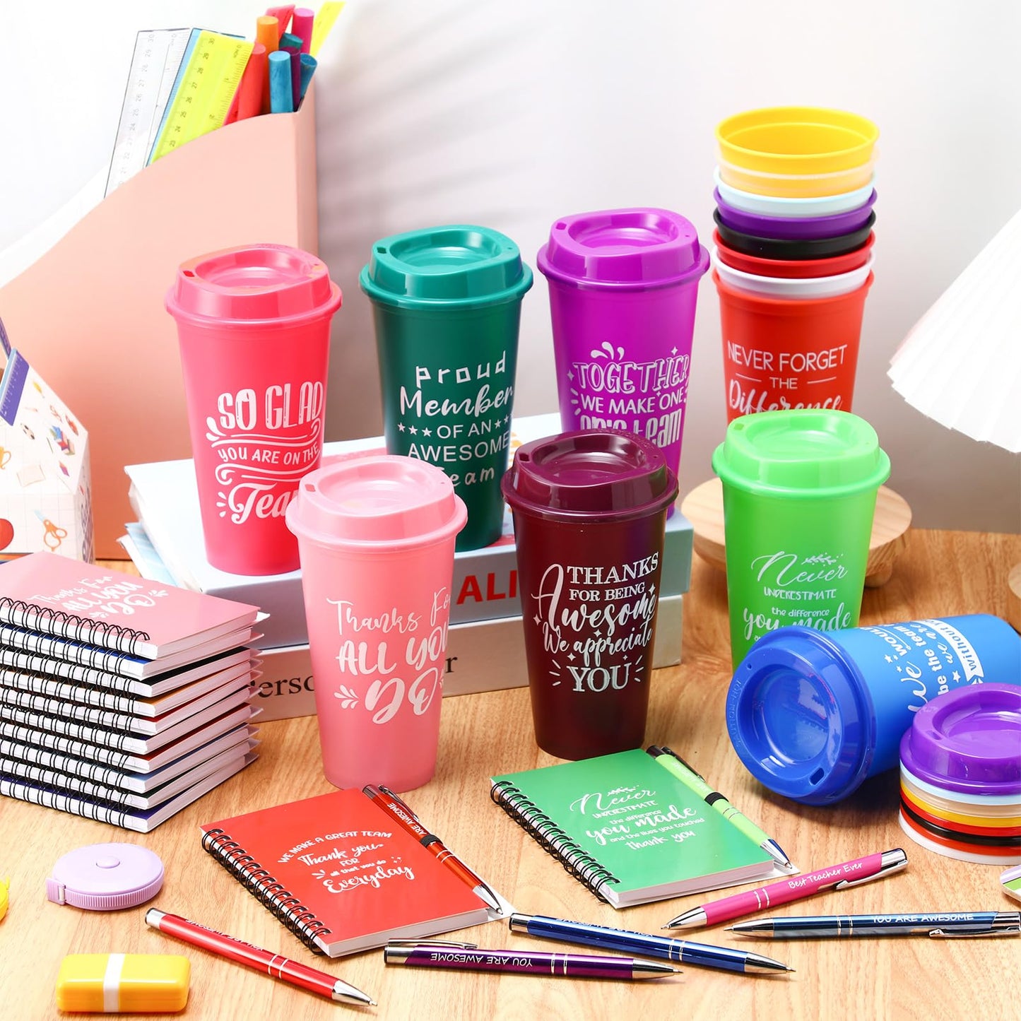 Teenyyou 90 Pcs Employee Appreciation Gift Set, 16oz Tumbler with Lid Notebook Pen Bulk Thank You Gift Holiday Party Favor for Office Coworker Teacher Staff Team (Multi Color,Elegant Style)