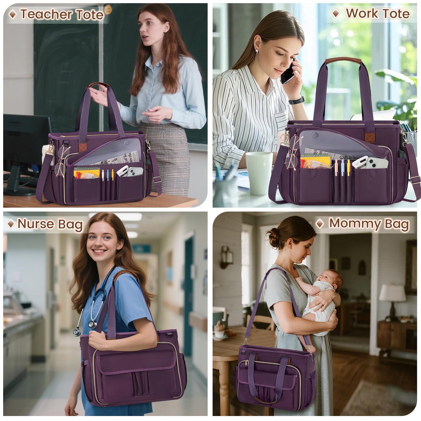RAINSMORE Teacher Tote Bag 15.6 inch Laptop Bag for Women Work Bags Nurse Bag Lightweight Laptop Tote Computer Messenger Shoulder Bags with Insulated Pocket, Professional Laptop Briefcase