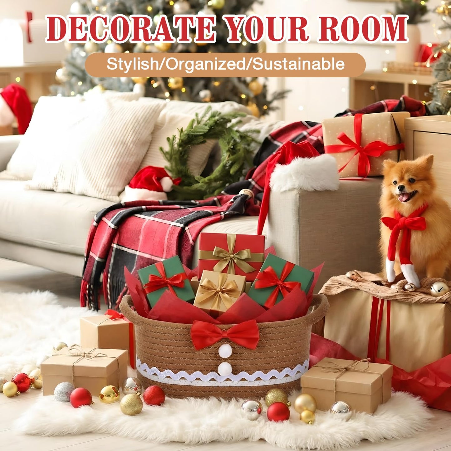 Zopeal Valentine's Day Woven Basket with Gift Bag, Ribbon and Red Tissue Paper Gingerbread Man Woven Bin Empty Shelf Basket Holiday Decorative for Xmas Gifts, 12 x 8 x 5 Inch