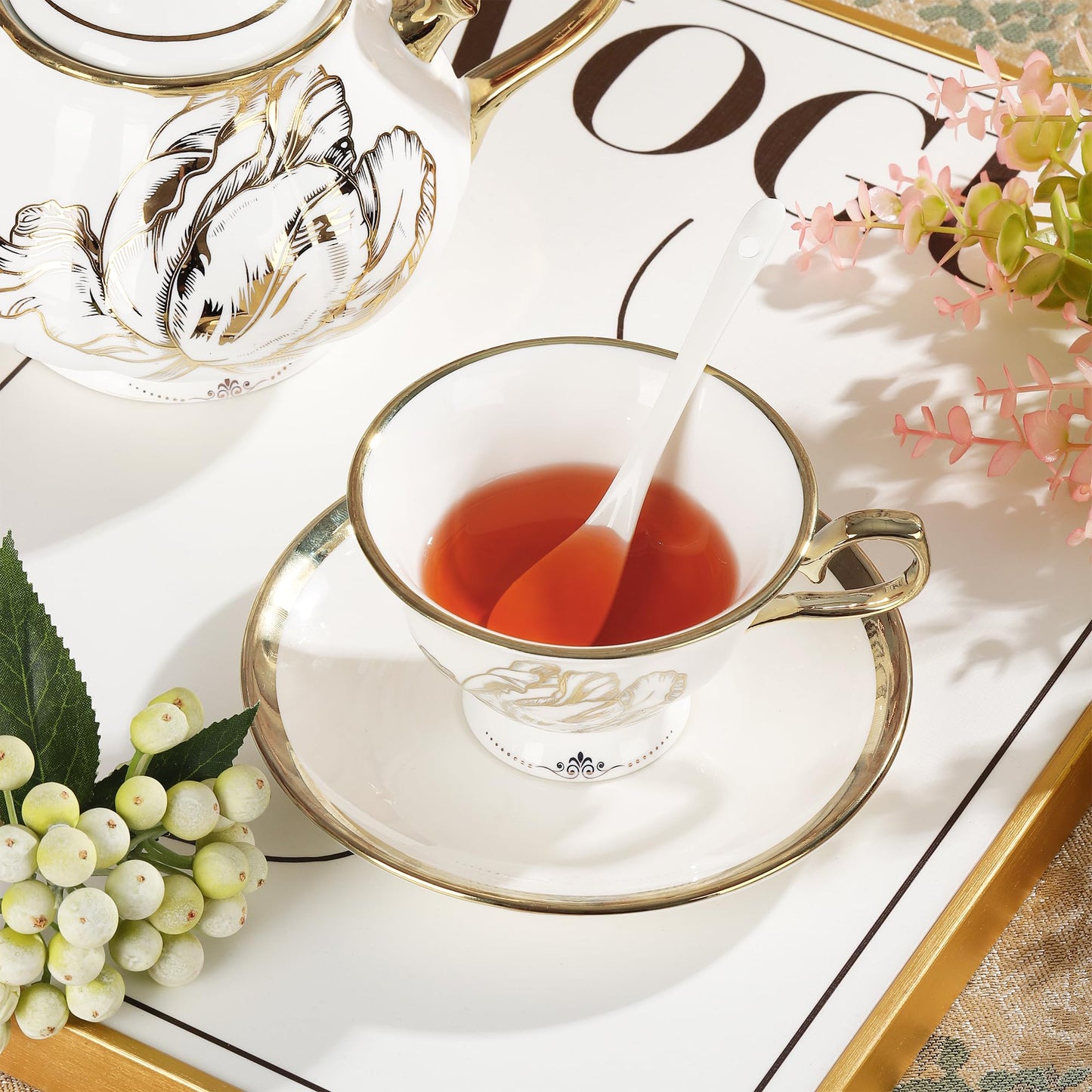 fanquare British Porcelain Tea Coffee Set 22 Piece New Bone China Gold Tulip Tea Service for Afternoon Tea, 6 TeaCup and Saucers with Metal Holder for Home Wedding Birthday