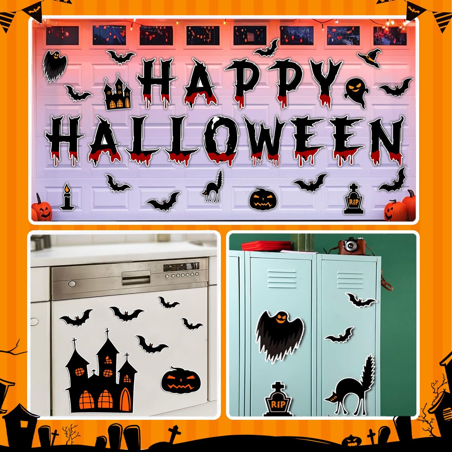 Halloween Decorations Garage Door Magnets, 30pcs Magnetic Happy Halloween Garage Decorations, Outdoor Halloween Decoration Magnetic Decals for Fridge Mailbox, Large Halloween Car Stickers