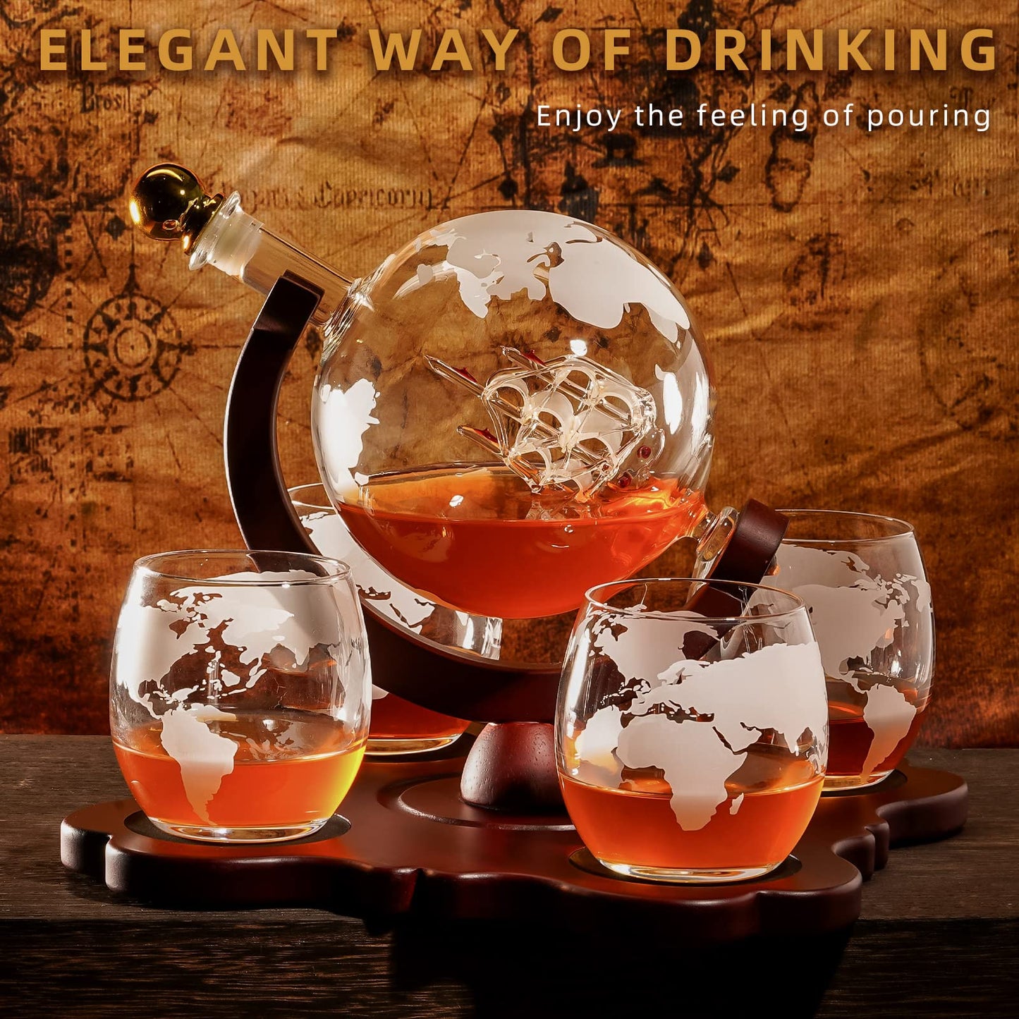Gifts for Men Dad Husband Fathers Day, Whiskey Globr Decanter Set with 4 Etched Globe Glasses, Unique Anniversary Birthday Gifts for Brother Boyfriend, Cool Bourbon Whikey Gifts