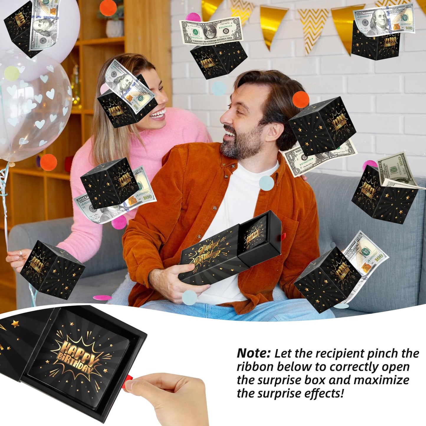 WenmthG Happy Birthday Surprise Gift Box Explosion for Money - DIY Pop Out Folding Bounce Explosion Gift Box with Confetti - Birthday Money Bank - Cash Gift Idea for Women Men Kids (Black Gold)