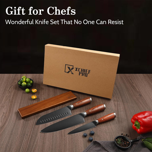 XCHIEF PRO Kitchen Knife Set, 4 Pieces Japanese High Carbon Stainless Steel Chef Cooking Knife Set, Ultra Sharp Professional Chef Santoku Utility Knives (Black)
