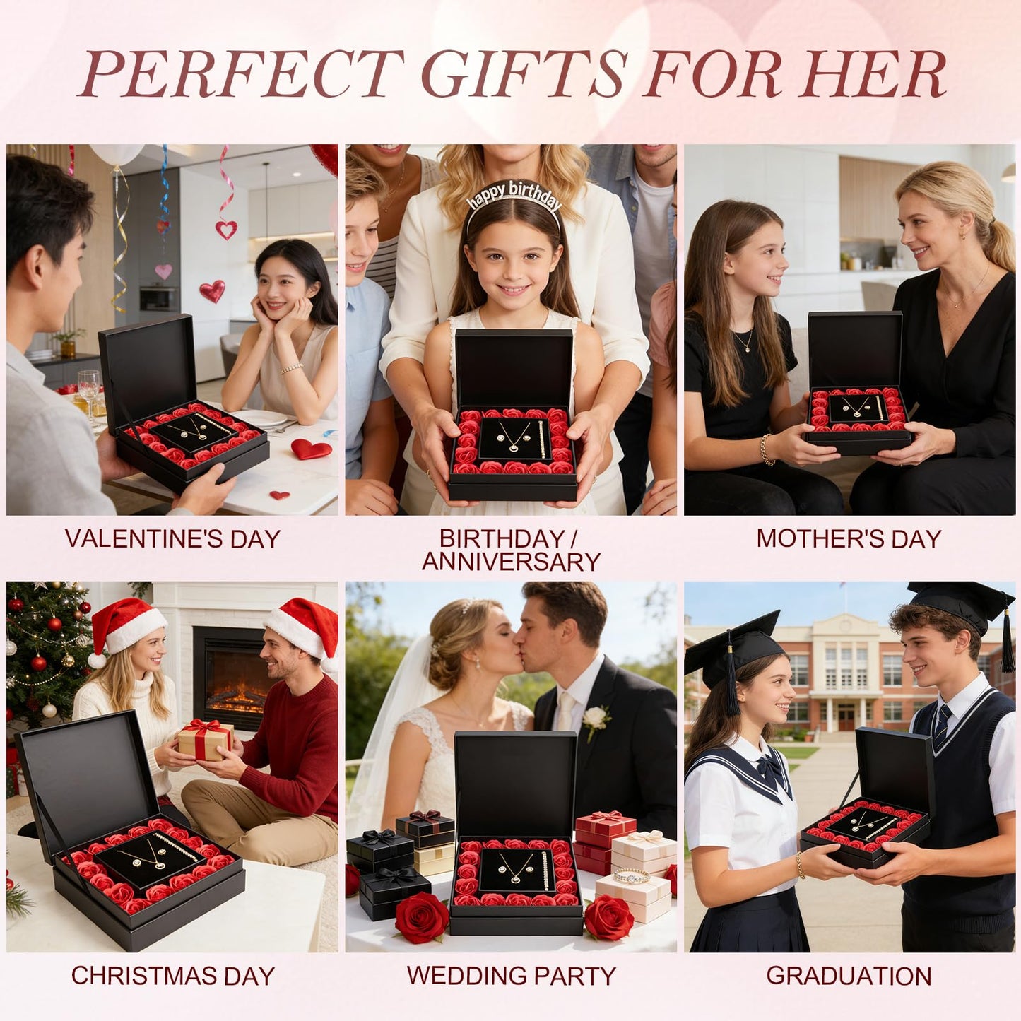 WDS WONDROUS Preserved Rose Jewelry Set for Women, 4-Piece Red Rose Gift Box with Necklace Earrings Bracelet, Valentines Day Anniversary Birthday Gift for Her Wife Girlfriend Mom