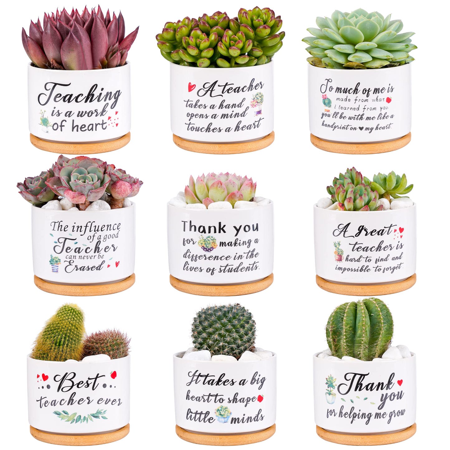 SAIWEILAI ONLINE 9 Pieces Teacher Appreciation Gifts Ceramic Succulent Plant Pot Small Flower Planter Funny Cute Succulent Plant Pot Planter Succulent Accessories for Teacher Christmas Birthday Gift