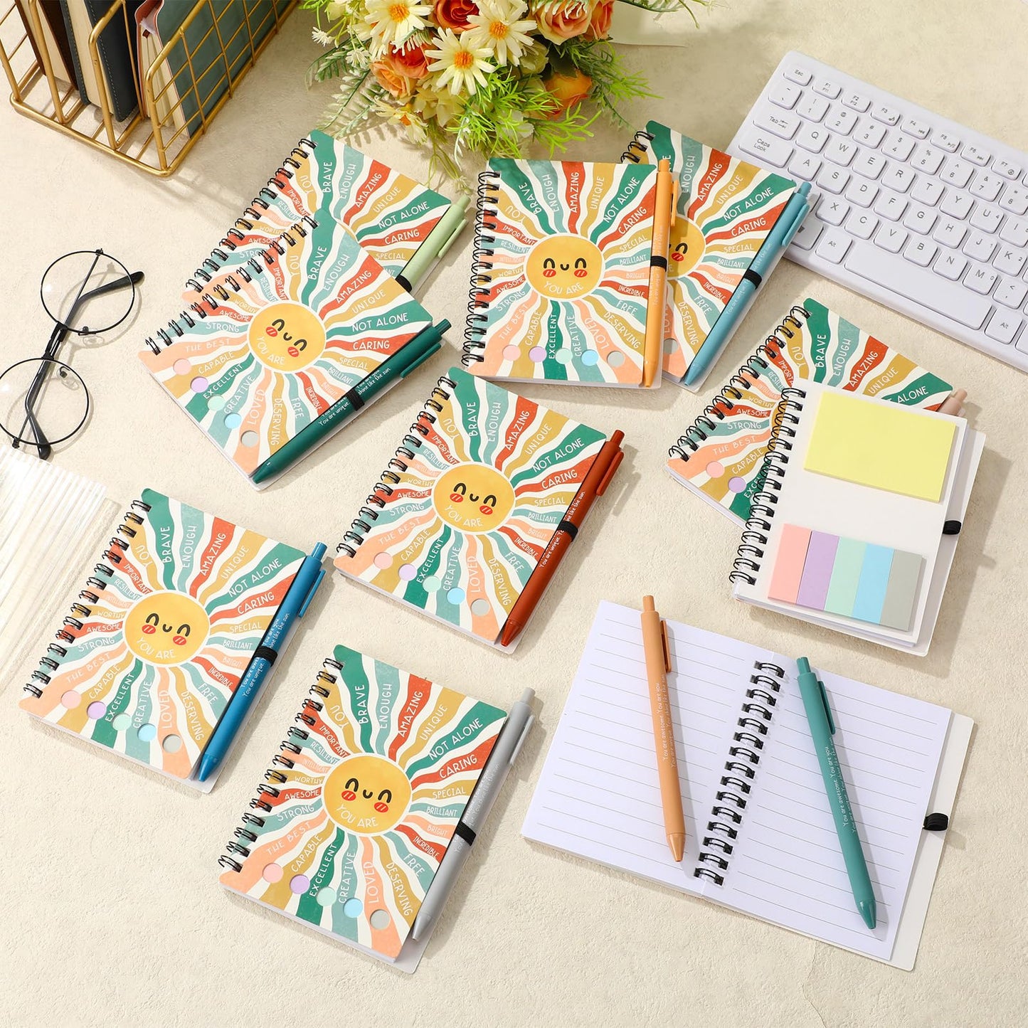 Janlaugh 40 Pcs Mental Health Gifts for Women Men Self Care Items Bulk Include 20 Mental Health Notebook with Sticky Note 20 Positive Pens Affirmation Journals Wellness Gifts for Coworkers Teachers