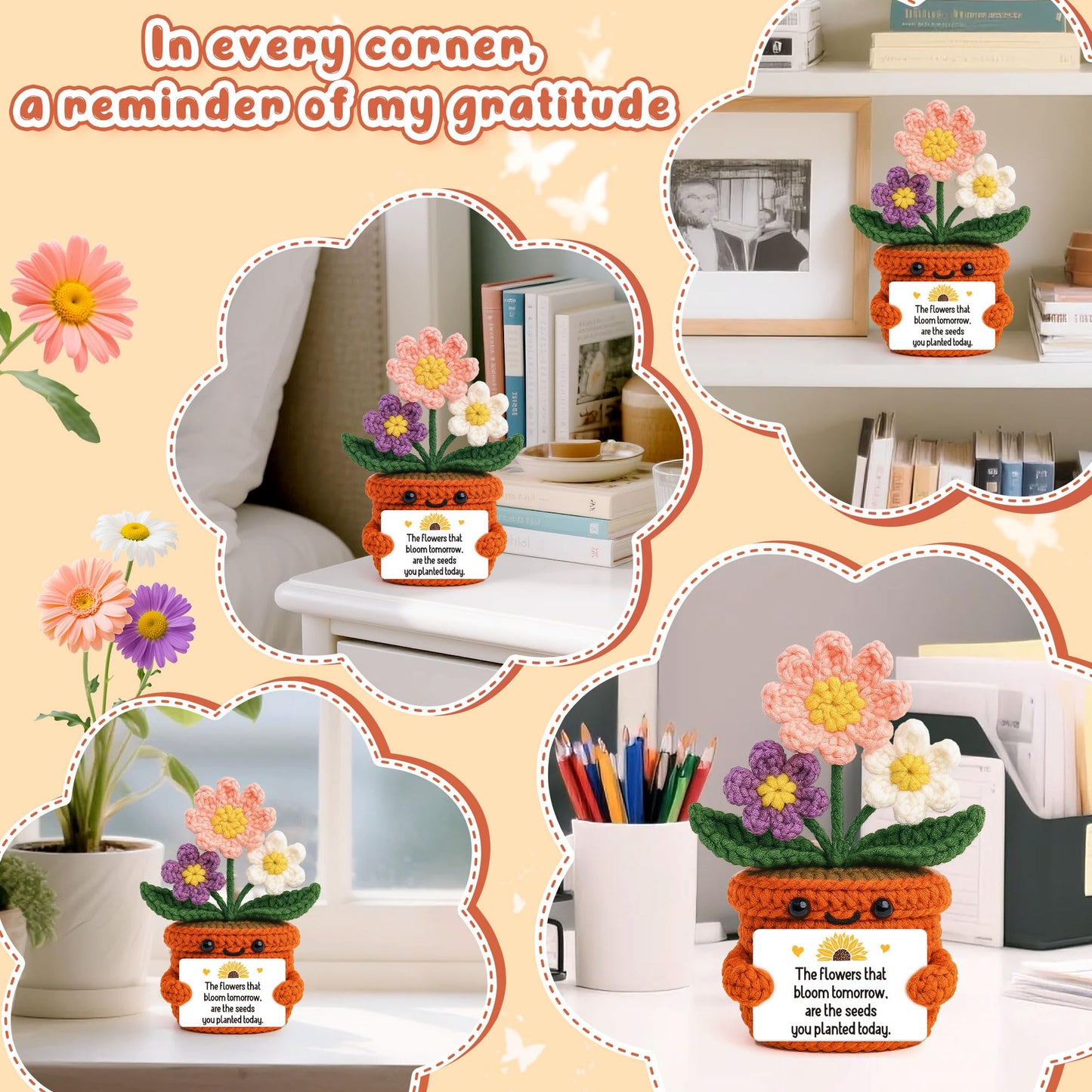 BackURyear Cute Women Teacher Appreciation Gifts, Thank You Christmas Graduation End of Year Gift for Best Female Mentor Mom, Crochet Daisy Present Woman Teachers Office Desk Decor