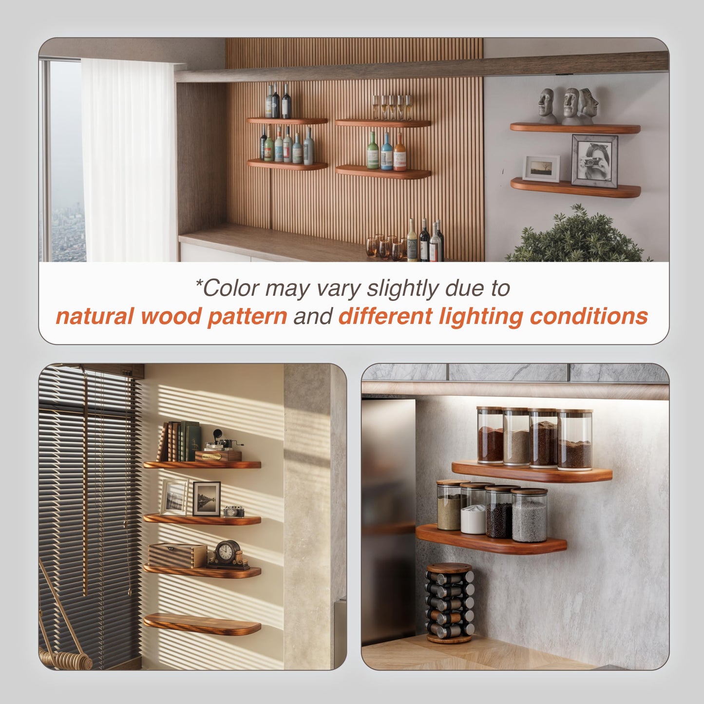 BATODA 17" Acacia Wood Floating Shelves Wall Mounted (Round Edge) – Rustic Farmhouse Wooden Wall Storage Shelf for Bedroom, Kitchen - Brackets and Shelving Hardware Included (Acacia Color)