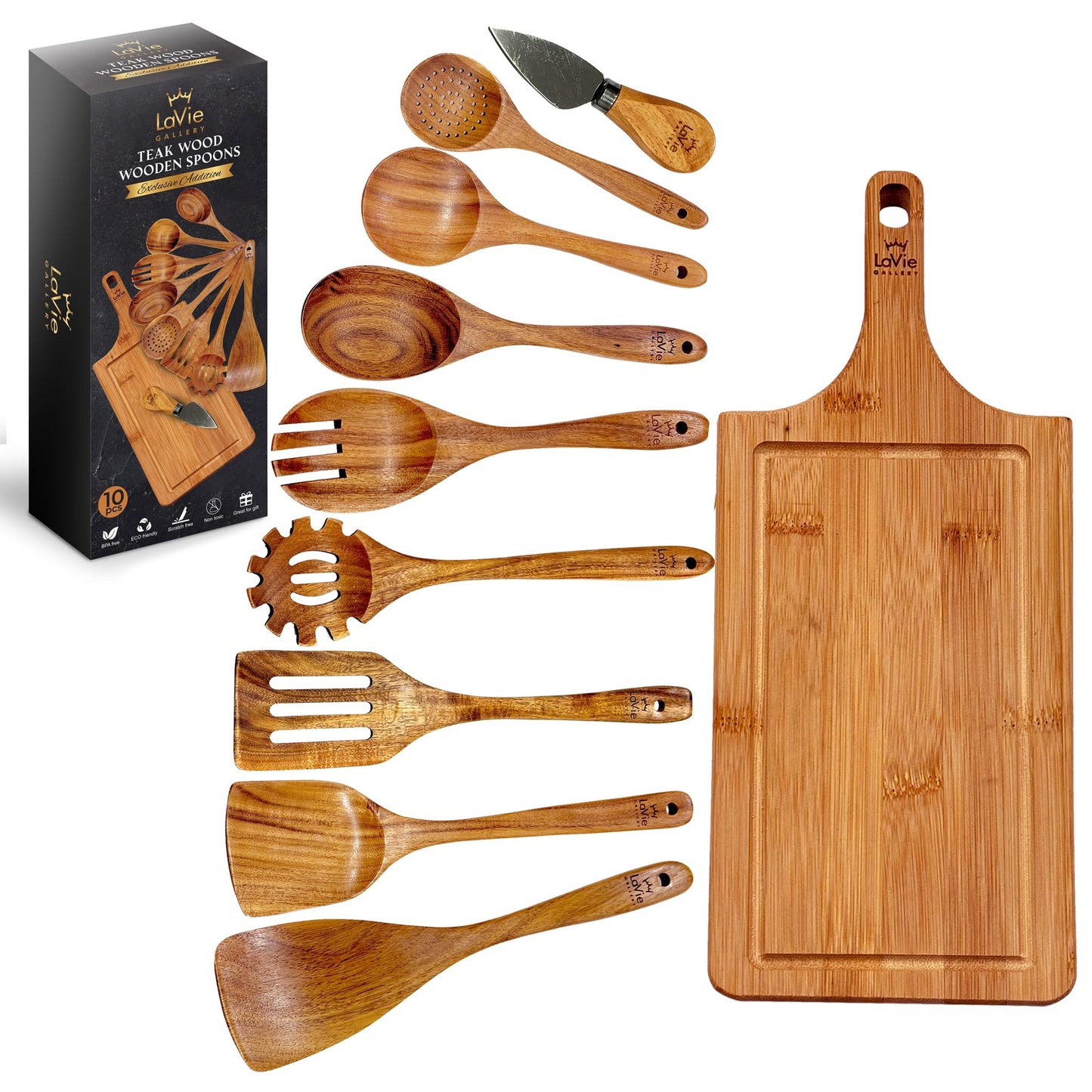 La Vie Gallery Teak Wooden Cooking Spoons Set -10-Piece Nonstick Cookware - Handmade Wooden Teak-Bamboo Charcuterie Board With Knife - Wooden Kitchen Utensils, Ideal Gift Set For Weeding,Birthday