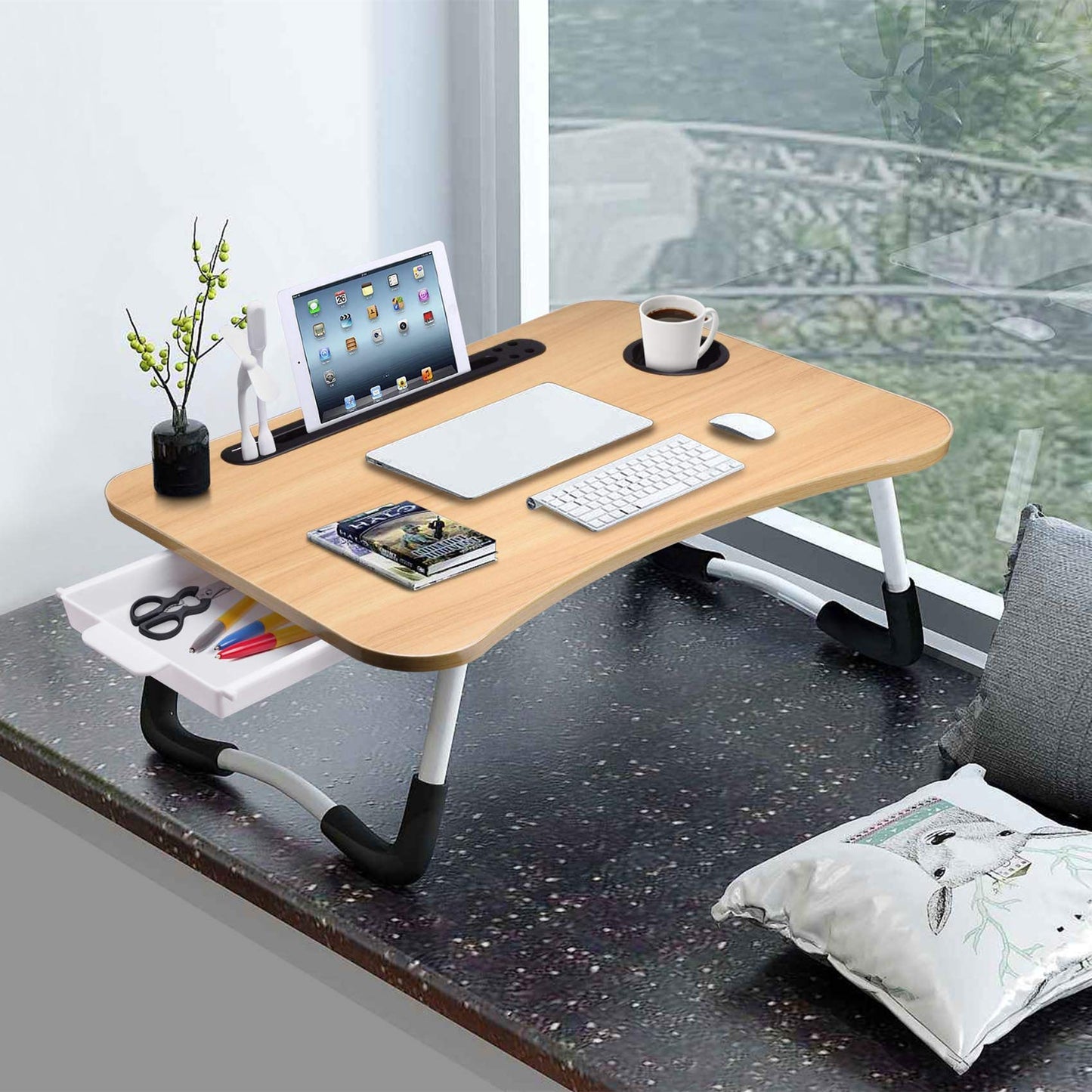 Slendor Lap Desk with Tablet Slot, Foldable Laptop Table with Storage Drawer for Bed，Portable Bed Desk for Laptop, Computer Tray with Cup Holder Notebook Stand Reading Holder for Couch Floor, Walnut