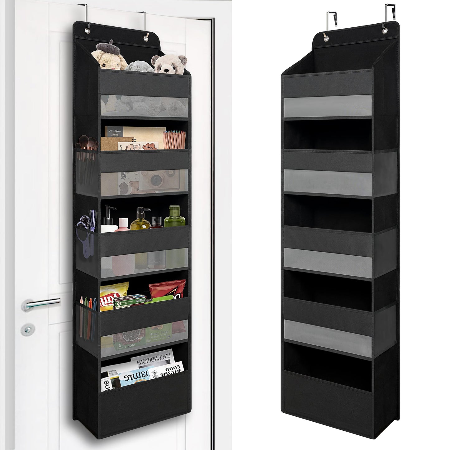 TYMENSH Over Door Organizer with 5 Large Pockets, Heavy Duty Hanging Organizer Storage, Closet Bathroom Nursery Bedroom Dorm, Toys Cosmetics Sundries and Baby Essentials, Black
