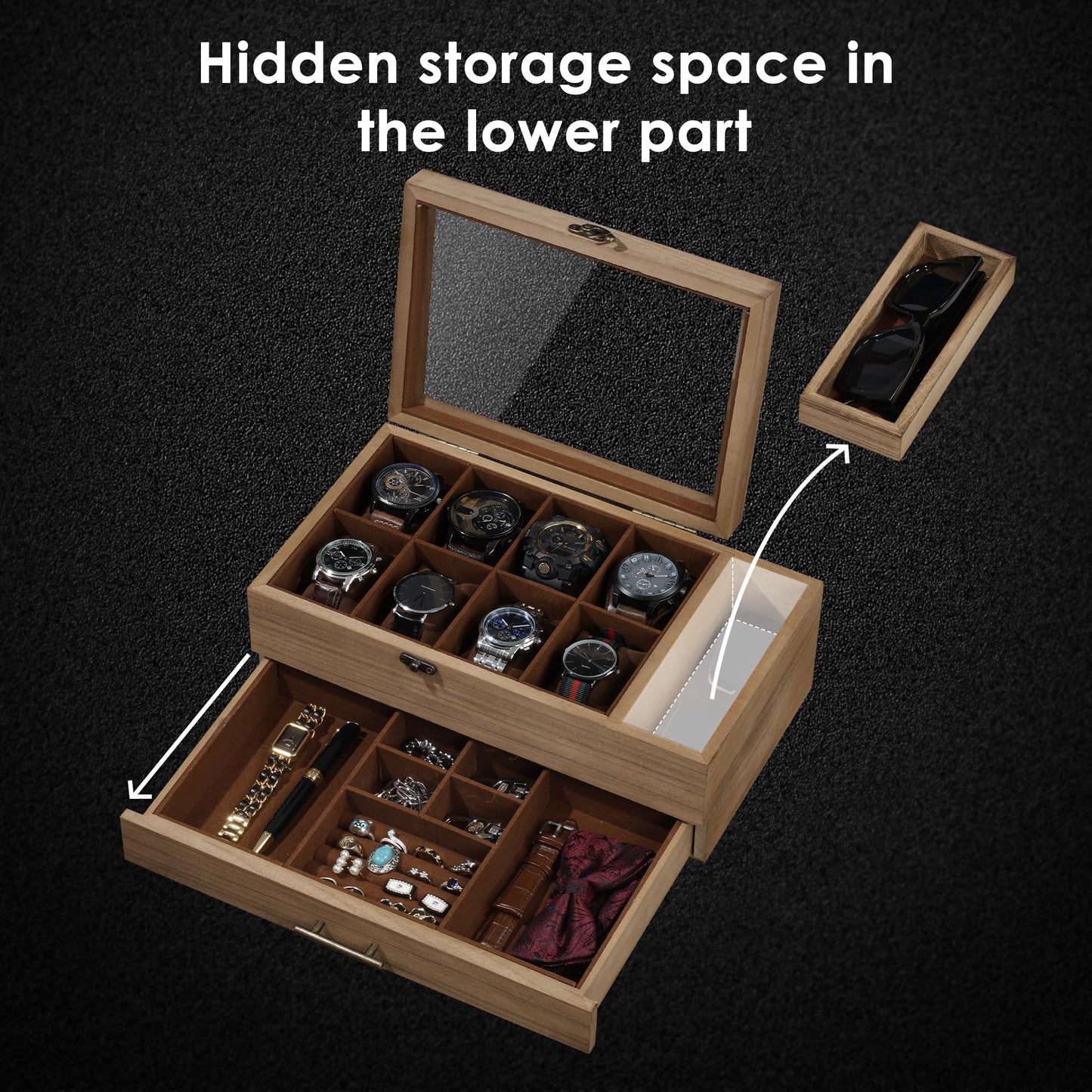 GALHUBIS Watch Box with Tray, 2-Tier Watch Case for Large Dial Watches, 8-Slot Watch Display Case with Lid, Removable Watch Pillows, Drawer, Gifts for Men Women, Watch Organizer, Jewelry Box, Walnut