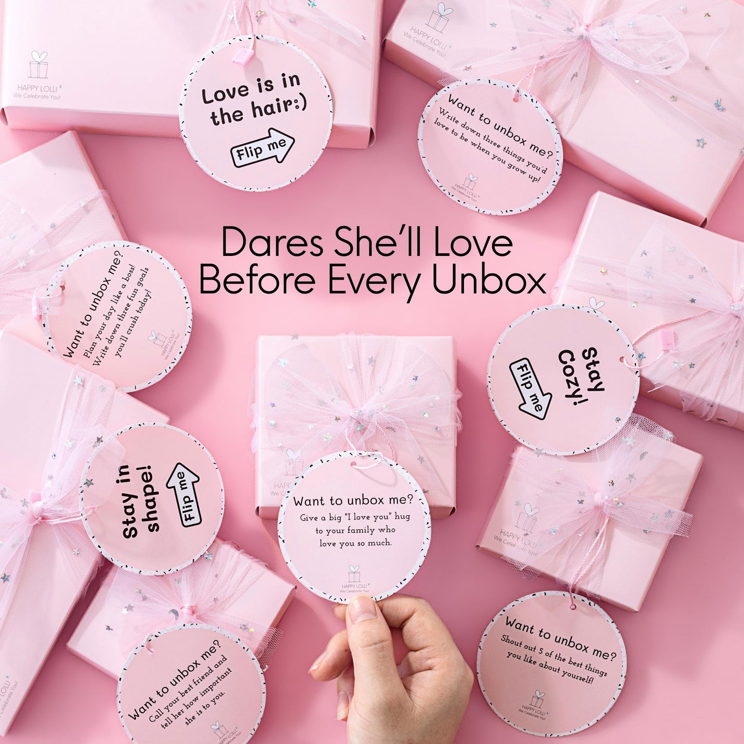 HAPPY LOLLI Pink LolliBox Gift Set for Tween & Teen Girls Ages 8–15, Birthday Gift Box, Ready-to-Gift Surprise Box with 8 Individually Wrapped Gifts & Empowering Challenges