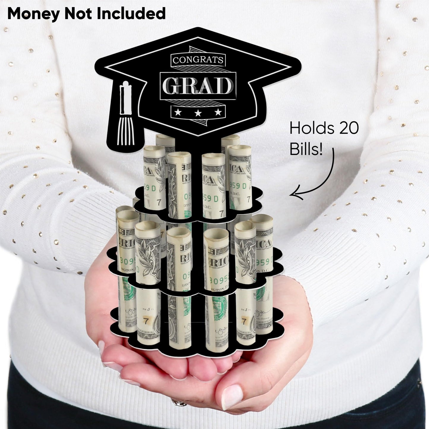 Big Dot of Happiness Graduation Money Gift Holder - DIY Celebration Cash Cake Stand with 20 Bill Slots, Black and White Decorative 2-Tier Cap Design, Party Display - Assorted Grad - Set of 3