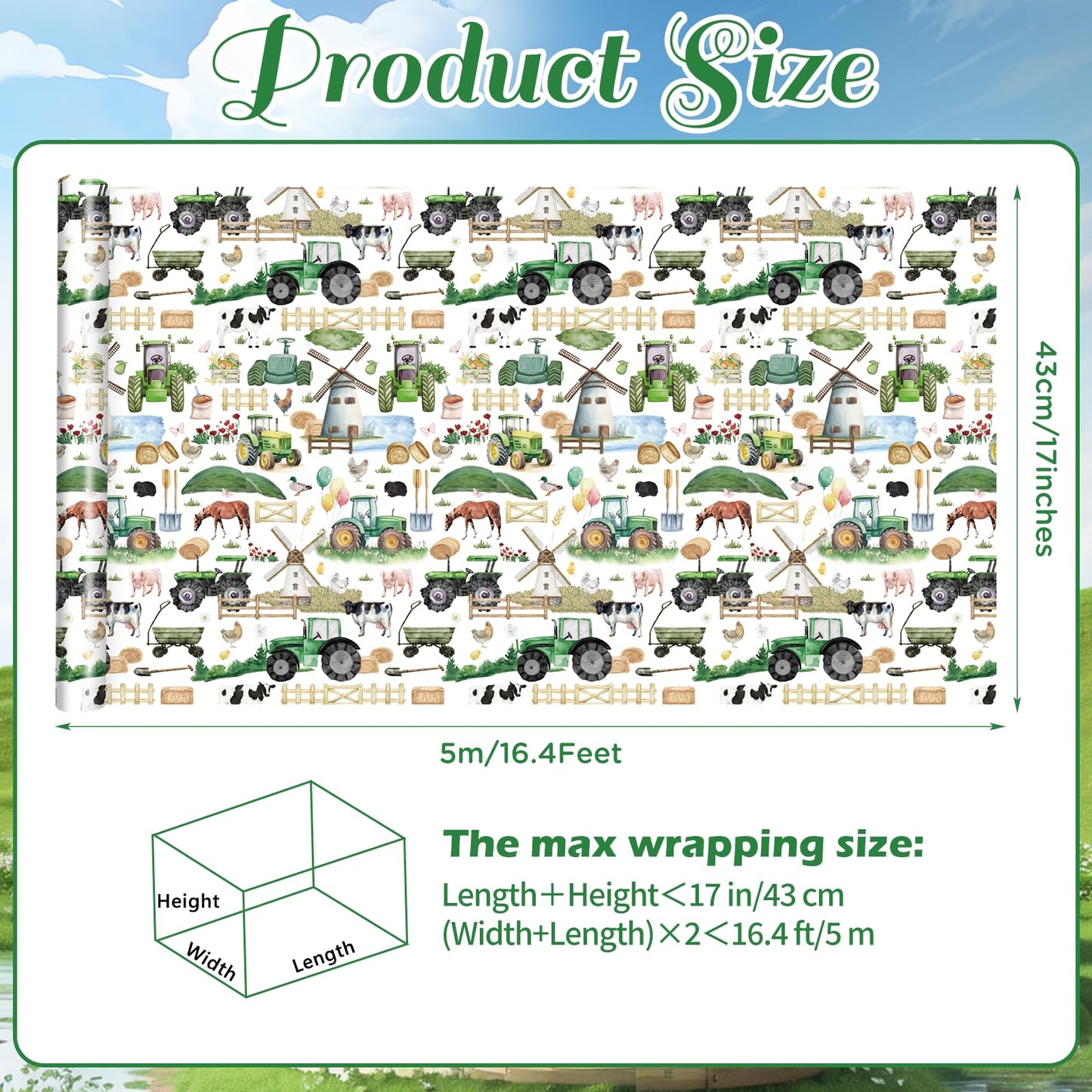 Pineraap Farm Birthday Gift Wrapping Paper Roll, 17 Inch × 16.4 Feet, Farm Animal Gift Wrap, Green Tractor Birthday Wrapping Paper for Farm Lovers Baby Shower Holiday Rustic Party Decoration