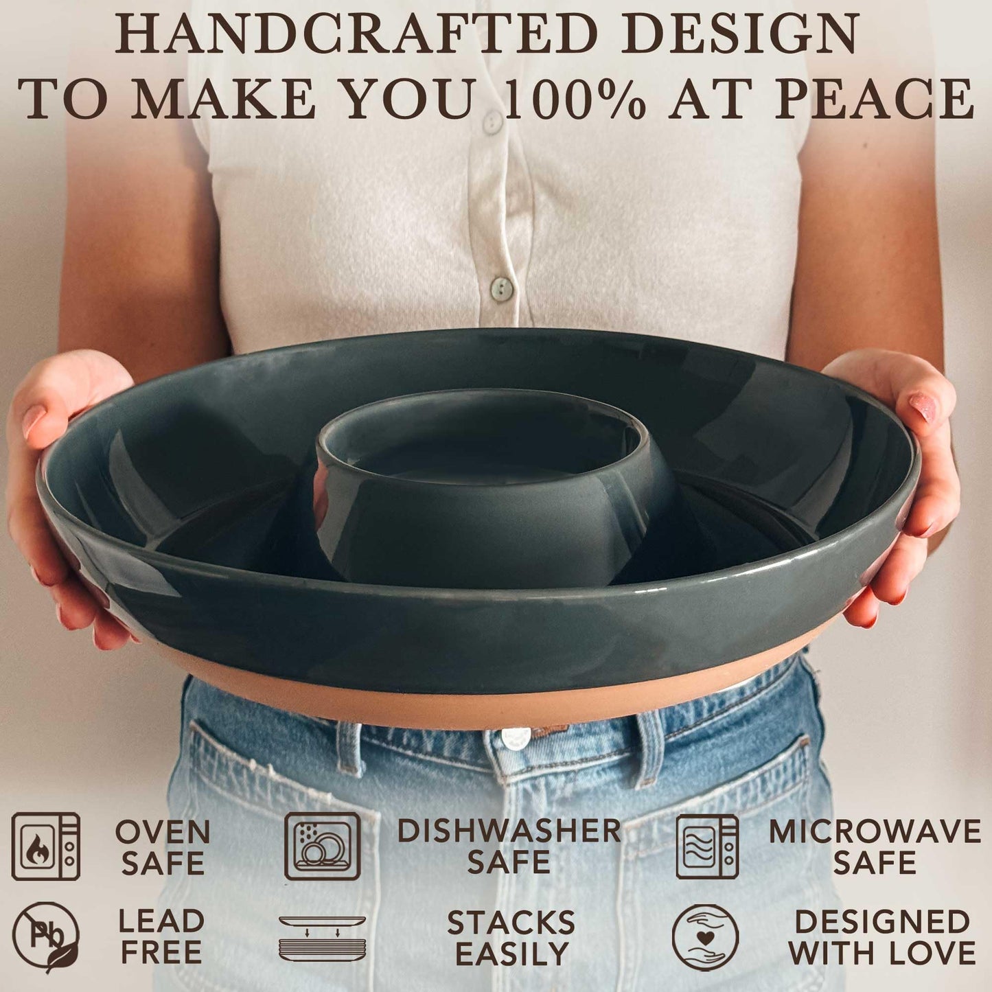 Mora Ceramic Chips and Dip Serving Tray: Large Divided Party Bowl Set for Chips & Salsa, Veggies & Dip, Fruit, Snacks, Entertaining, Hosting, etc. Minimalist Design for the Modern Hostess - Charcoal