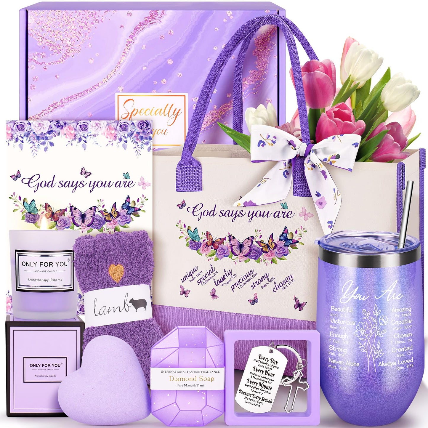 13PCS Christian Gifts for Women Faith, Purple Inspirational Gifts for Women,Christian Birthday Baskets,Get Well Soon Baskets for Her Mom,Friends,Sister,Wife,Girlfriends Birthday Gifts