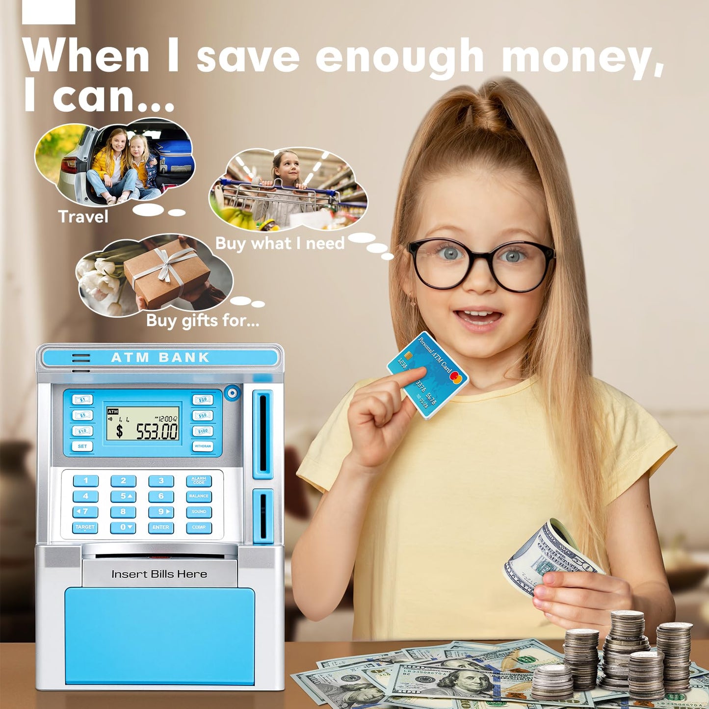 BAODLON Blue Piggy Bank for Kids, ATM Machine Bank for Real Money with Debit Card, Bill Feeder, Coin Recognition, Balance Calculator, Electronic Savings Safe Box, Cool Stuff Toys Gifts for Teen Girl
