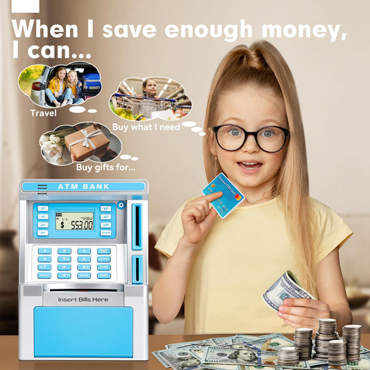 BAODLON Blue Piggy Bank for Kids, ATM Machine Bank for Real Money with Debit Card, Bill Feeder, Coin Recognition, Balance Calculator, Electronic Savings Safe Box, Cool Stuff Toys Gifts for Teen Girl