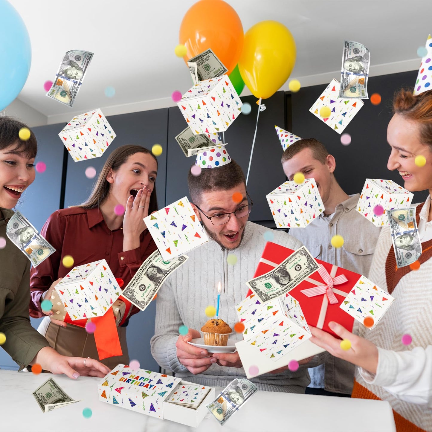 WenmthG Happy Birthday Surprise Gift Box Explosion for Money - DIY Pop Out Folding Bounce Explosion Gift Box with Confetti - Birthday Money Bank - Cash Gift Idea for Women Men Kids (White)