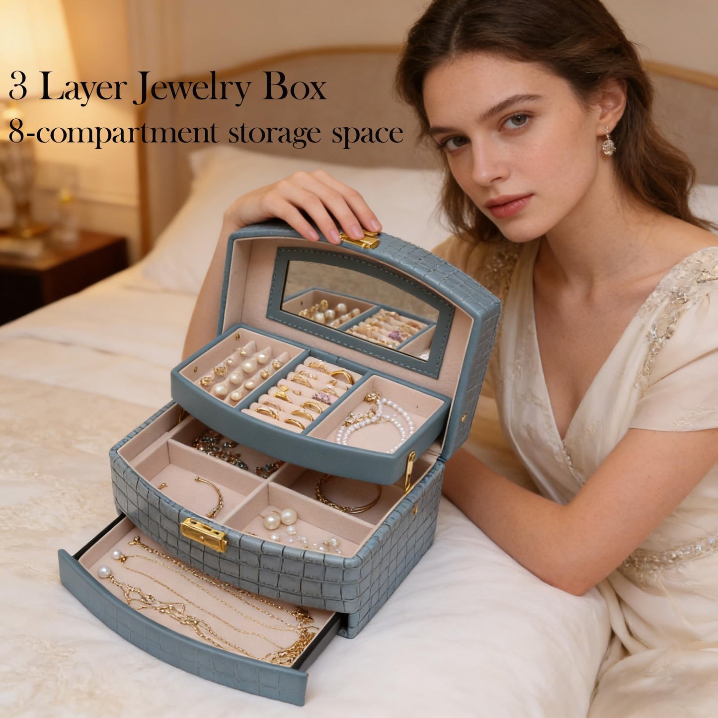 Hmsnyysl Elegant 3 Layer Lockable Jewelry Box for Women – Mirrored Jewelry Organizer with Key & Drawer, Travel Friendly PU Leather Storage Case,Gift for Wife, Mom, Daughter(Blue)