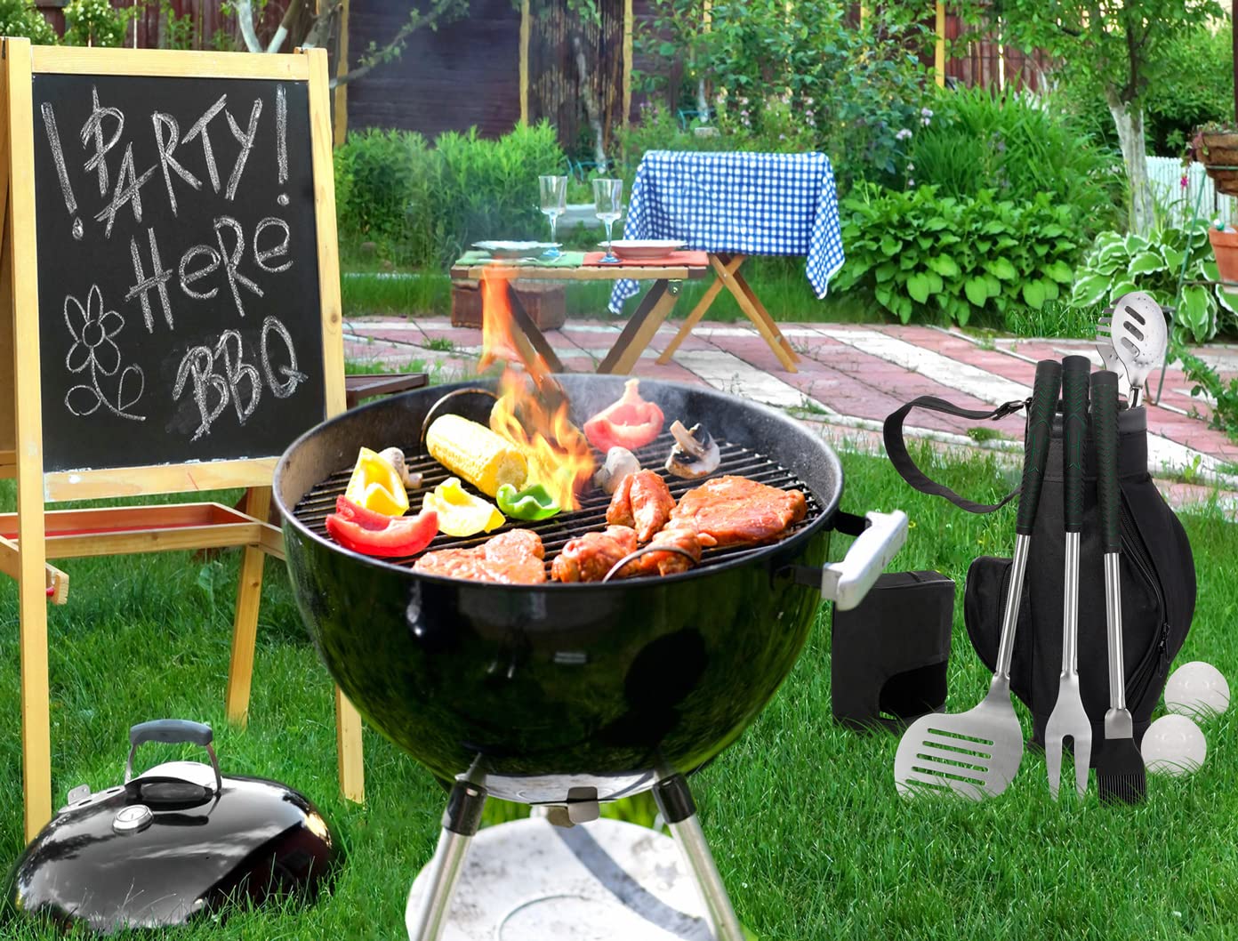 POLIGO 7PCS Golf-Club Style BBQ Tool Set Grilling Tools with Rubber Handle - Stainless Steel Grill Accessories for Outdoor Grill Set Premium Grill Utensils Set Fathers Day Birthday Gifts for Men Black