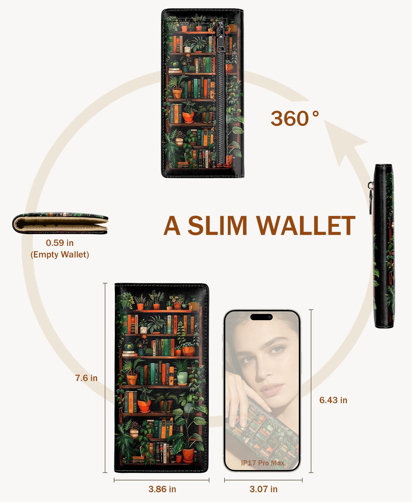 Immaturus Womens Wallet, Black Bookshelf Slim Thin RFID Blocking Credit Card Wallets, Long Bifold PU Leather Card Holder Organizer, Cute Cash Clutch Billfold with Zipper Coin Pocket Ladies Girls Gift