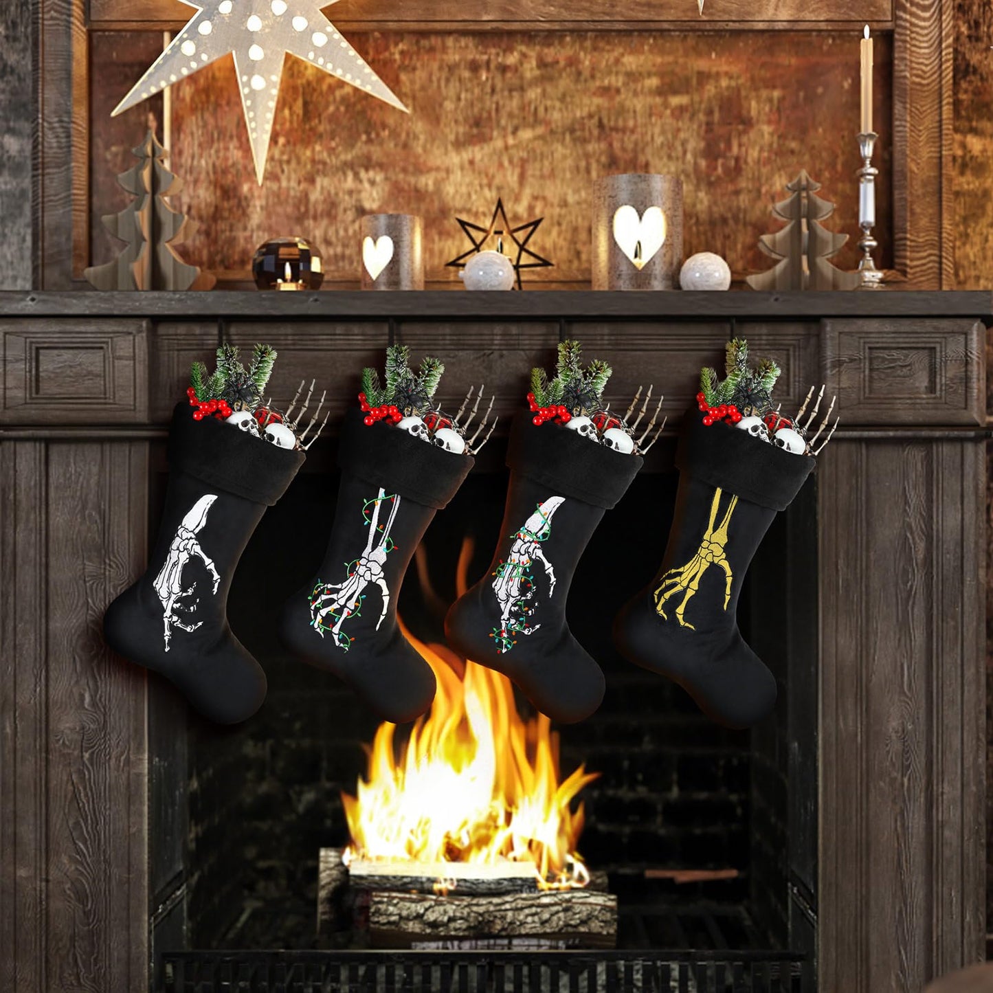 Croknit 2 Pcs Gothic Christmas Stocking Black Velvet Stocking Goth Xmas Skeleton Hand Embroidered Stockings Hanging Ornaments Santa Candy Gift Bags for Christmas Home Decorations(Light)