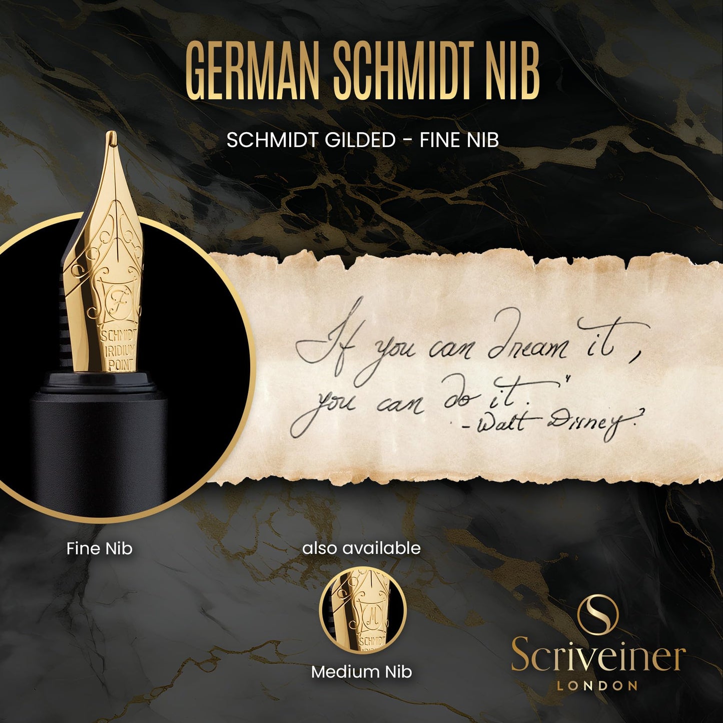 Scriveiner Luxury EDC Fountain Pen (Fine), Stunning Black Pocket Pen with Real Gold Finish, Schmidt Gilded Nib, Ink Converter, Best Writing Gift Set for Men & Women, Nice Fancy Office Designer Gift