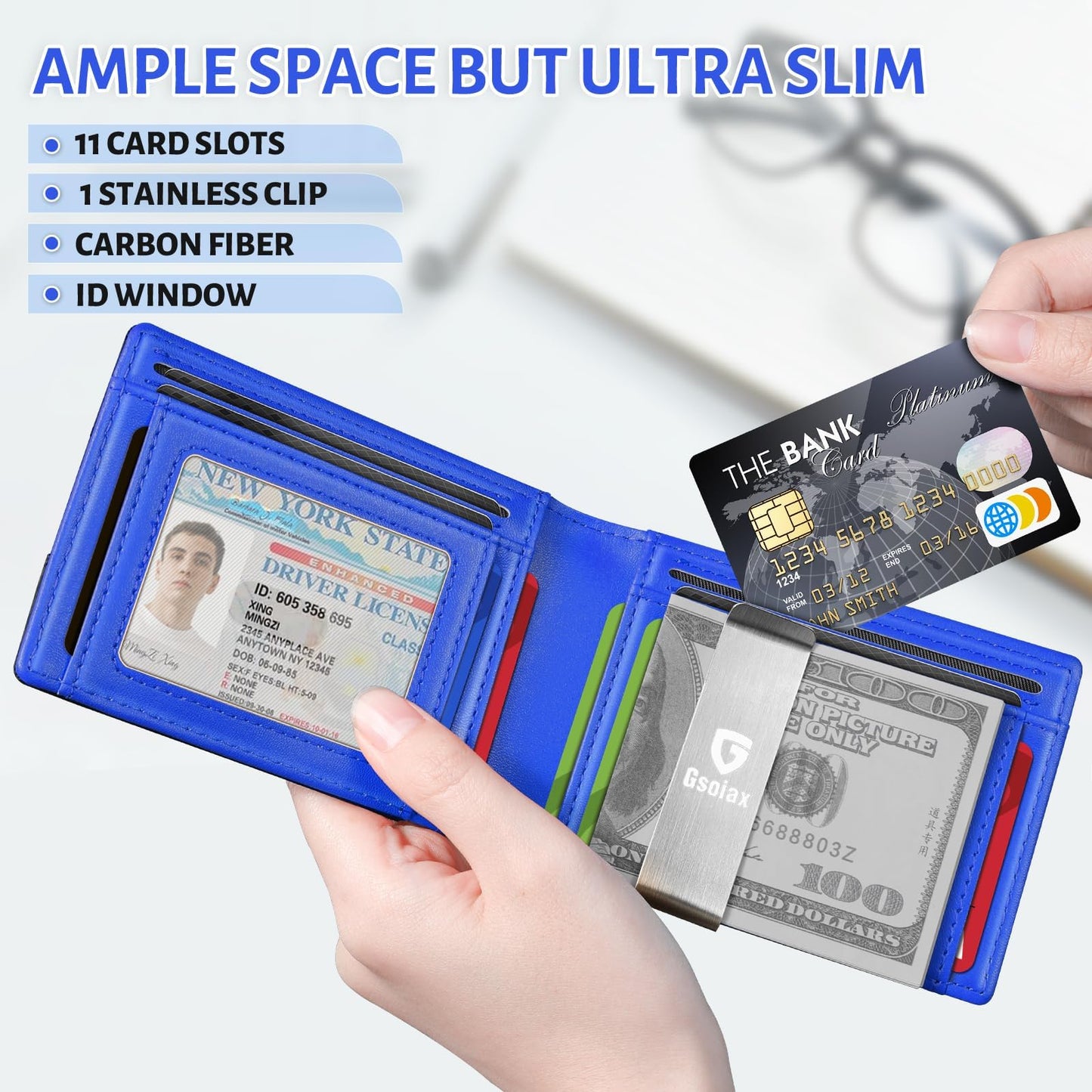 GSOIAX Men's Slim RFID Blocking Leather Wallet with Money Clip Minimalist Carbon Fiber Bifold Credit Card Holder 11 Card Slots Stocking Stuffers Included Gift Box (Carbon Blue)