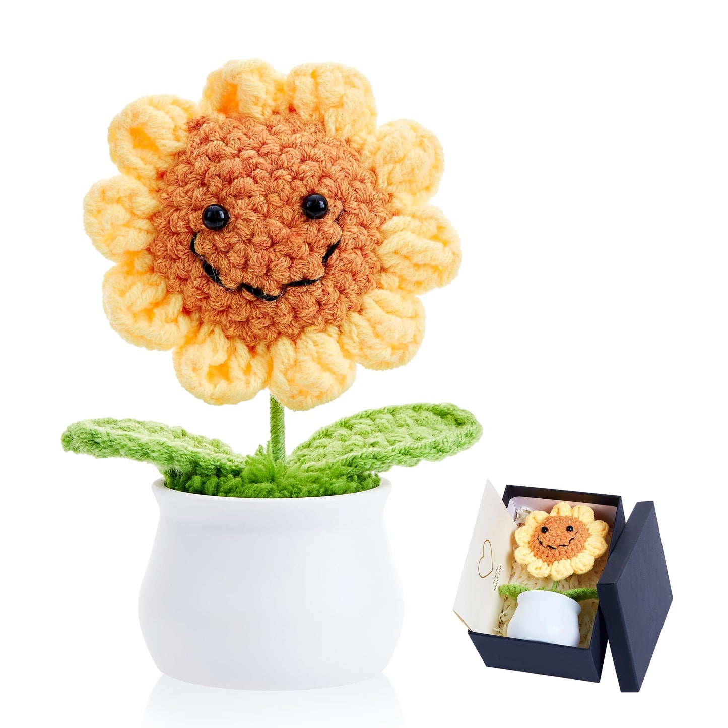 LAIDANLA Golden Yellow Crochet Sunflower Funny Positive Thank You Small Gifts for Women Teacher Coworkers Friends Cute Encouragement Appreciation Crochet Flowers Pot for Office Desk Decor
