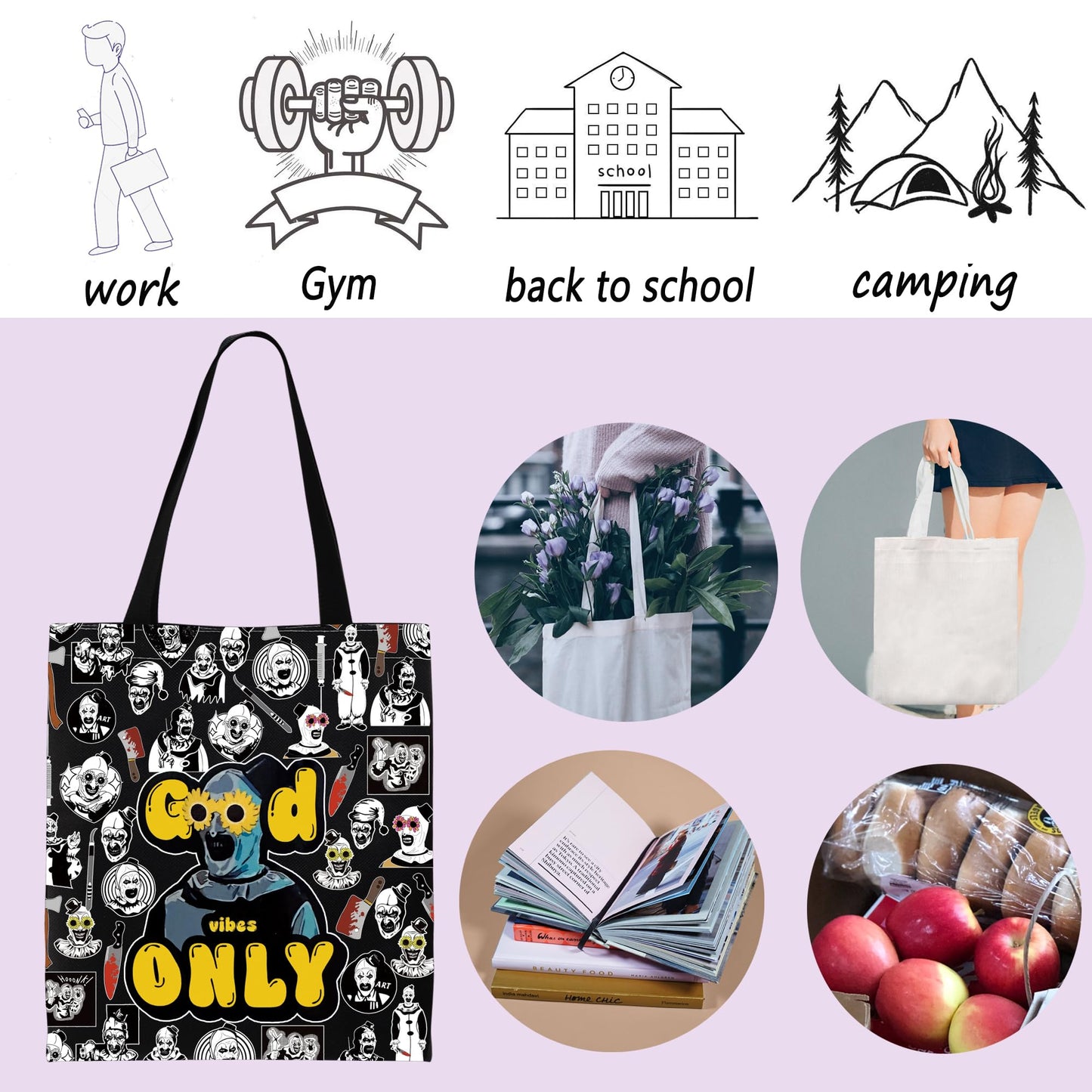 ENSIANTH Sunflower Glasses Clown Tote Bag Horror Slasher Serial Killer Movie Lover Gift Scary Halloween Thriller Handbag (Good Vibes bag)