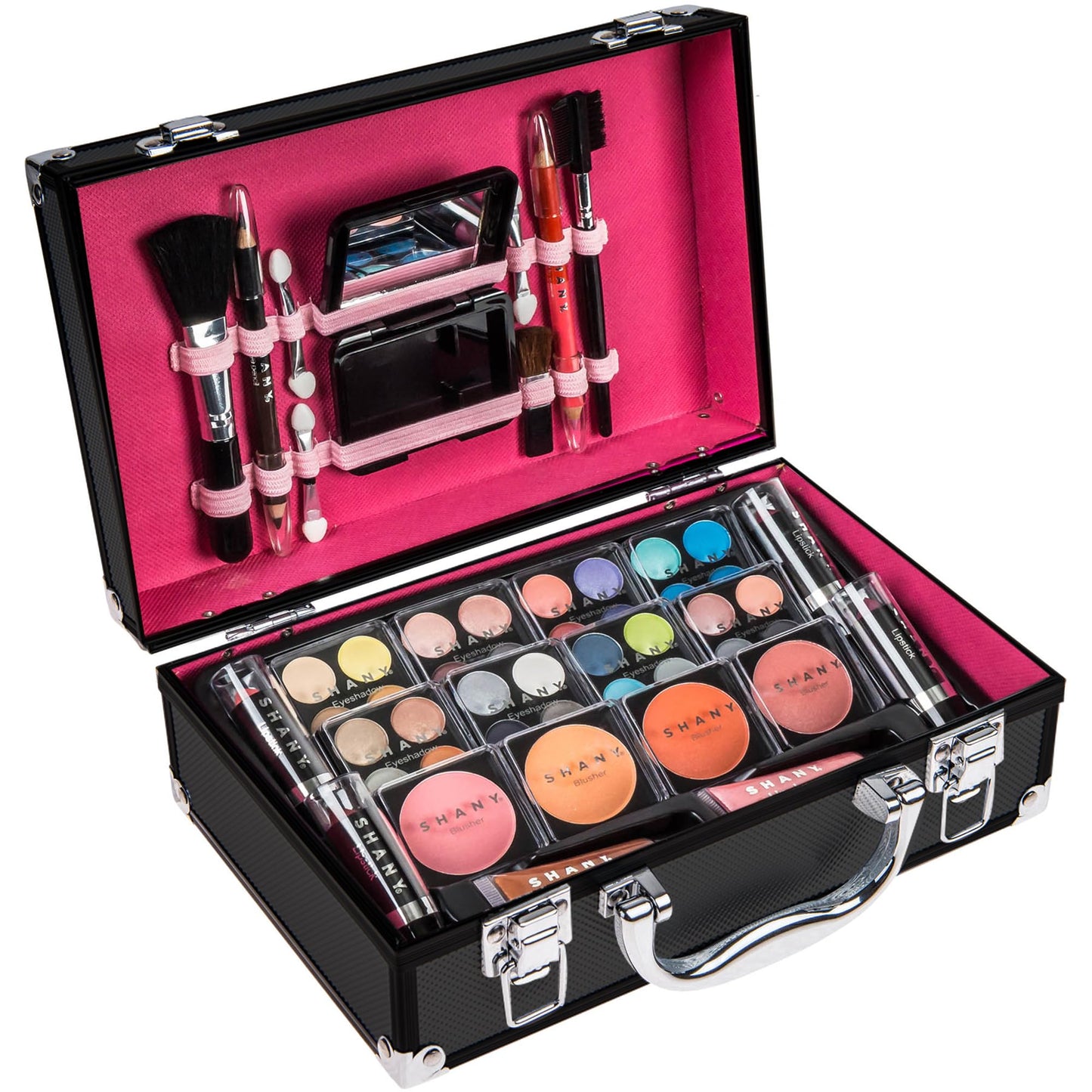 SHANY Carry All Make up Train Case with Pro Makeup Set, Beauty Brushes, Lipsticks, Eye Shadows, Blushes, Powders, and more - Reusable Cosmetics Storage Organizer - Premium Gift Packaging - Silver