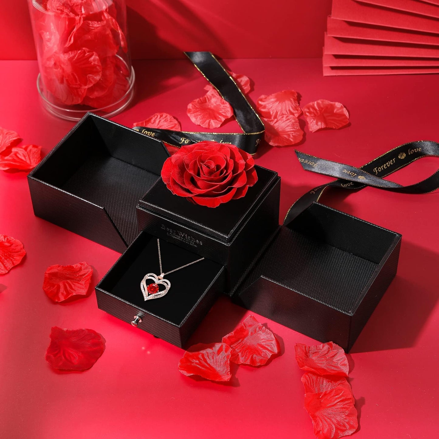 Yabesty Preserved Rose with Love Necklace Jewelry Gift Set, Hand-Made Rose Flower Gifts for Her on Christmas Day,Mother's Day,Birthday, Valentine's Day, Anniversary (Red1)