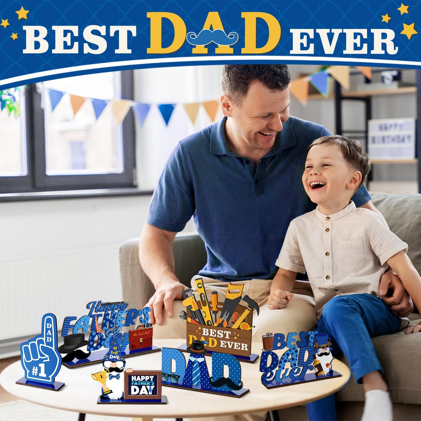 Yuntau 6 Pcs Father's Day Table Centerpiece Happy Father's Day Wood Signs Father's Day Gnome Table Decorations Dad Wood Tiered Tray Decor for Father's Birthday Party Gift Supplies