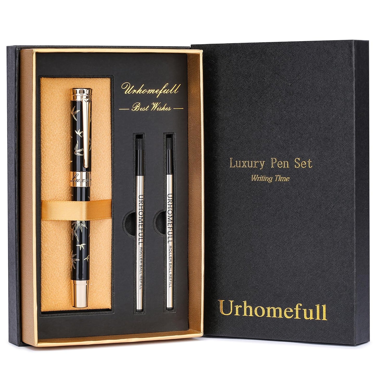 Urhomefull Black Rollerball Pens-Luxury Pens for Women Men, 24K Gold Trim Elegant Pen, Executive Gift Pen Set for Office Graduation Business Nice Roller Ball Pens