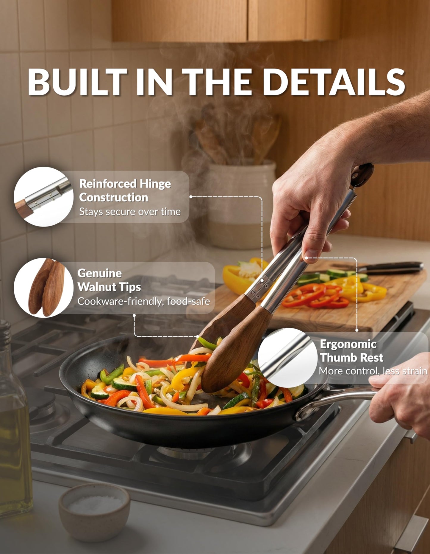 Boxiki Kitchen 9 Inch Tongs for Cooking with Wooden Tips - Nonstick Kitchen Tongs for Serving Food, Cooking, BBQ and Tossing Salad - Made of Walnut Wood