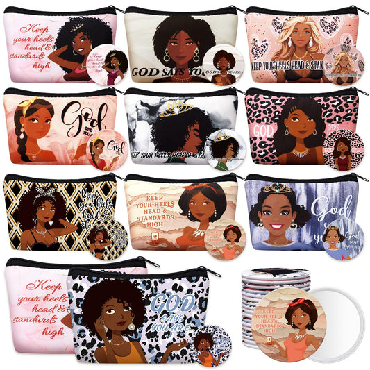 Kacctyen 20 Pcs Black Africa Inspirational Gifts Canvas Cosmetic Bags Compact Mirrors Makeup Bags Thank You Travel Toiletry Pouch Bulk Mothers Day Gifts for Women Teacher Coworker Employee
